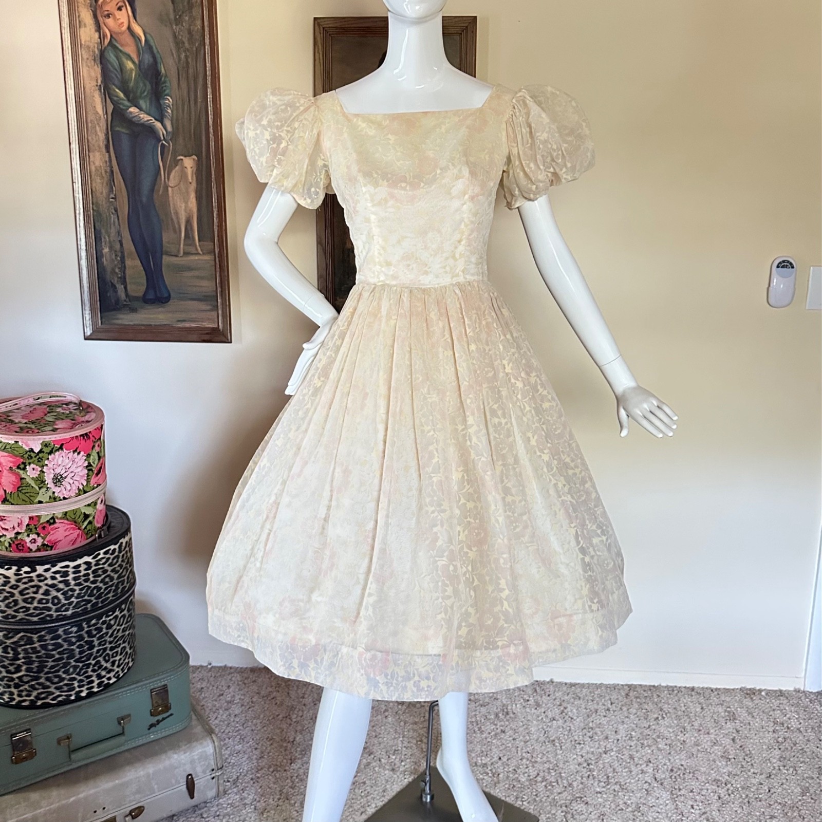 Vintage 1950s Flocked Floral Organza Party Prom Dress Puff Balloon Sleeves S/M