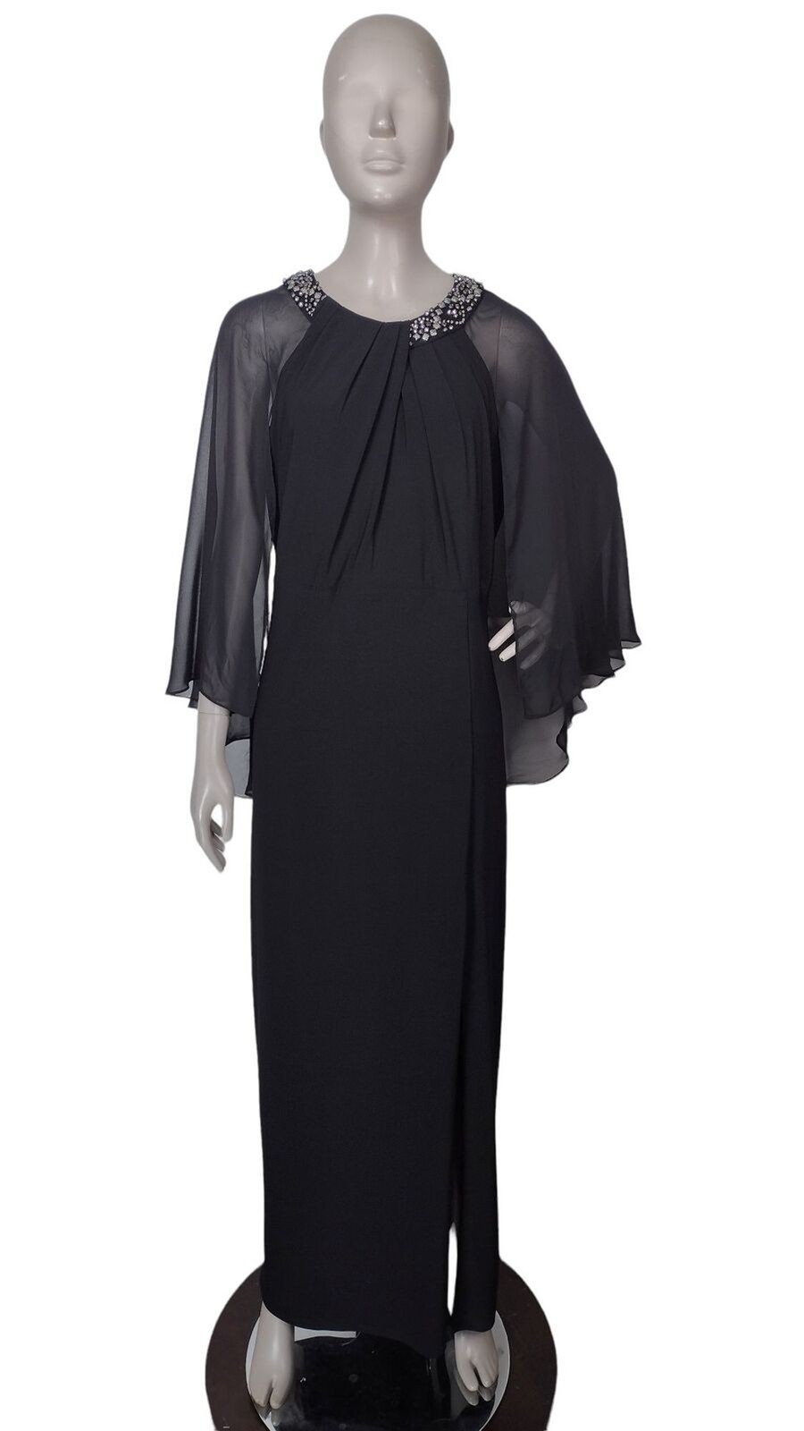 Vintage Scarlett Black Beaded Elegant Flowy Sheer Capelet Slit Formal Maxi Dress