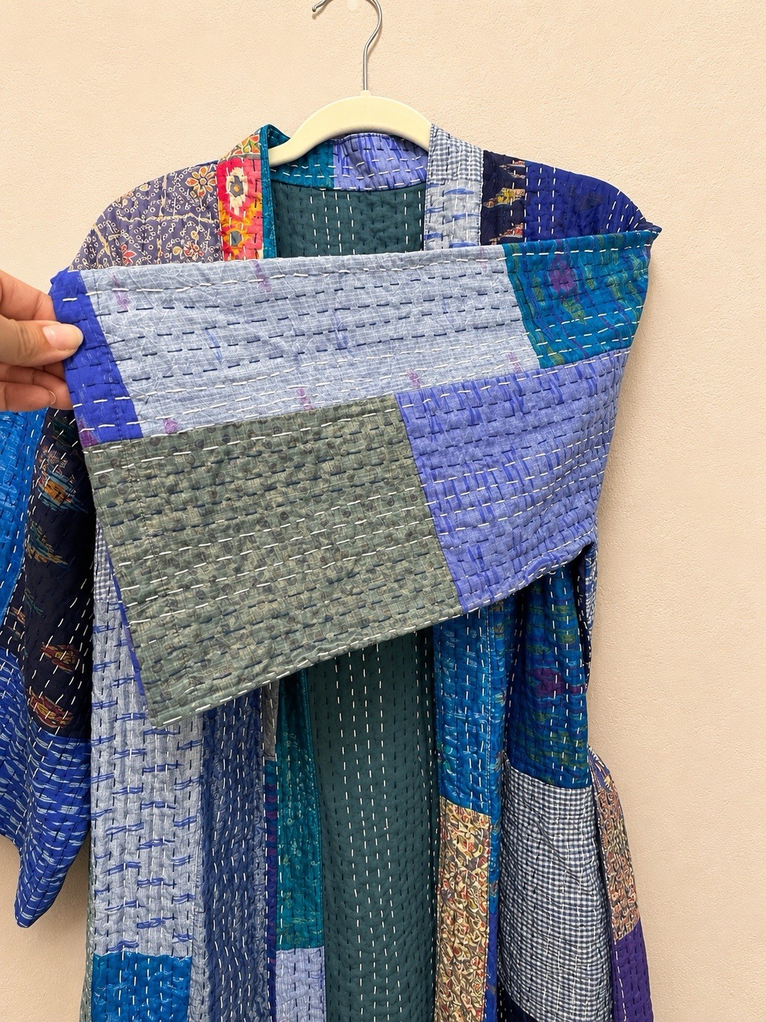 Vintage Silk Kantha Patchwork Robe Handmade Quilted Kimono Belted One Size