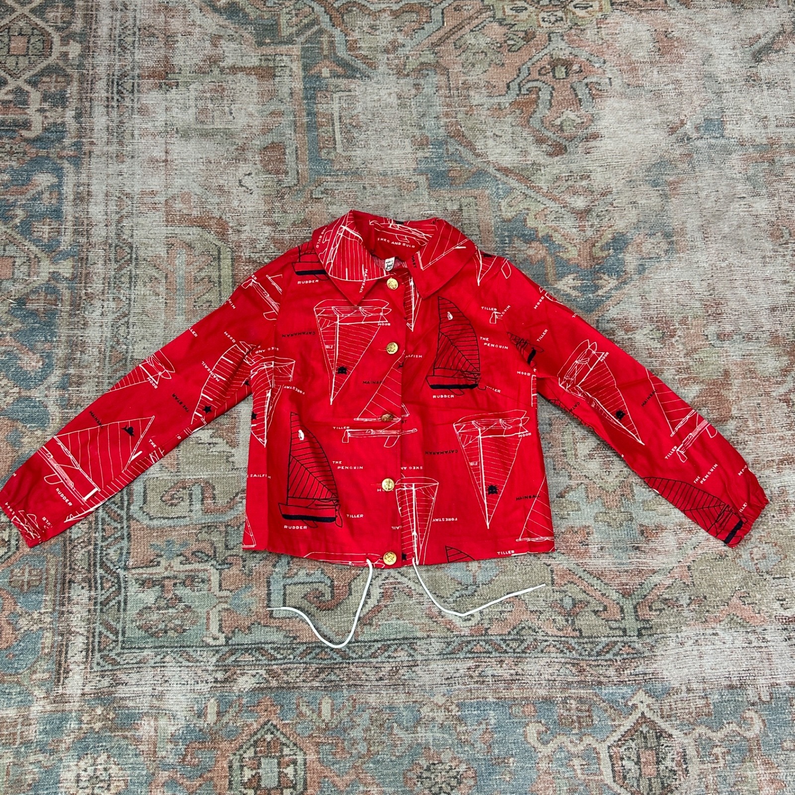 Vintage 1960’s Red Nautical Sailor Jacket Boat Print Size 12- Jeanie by Bluebell