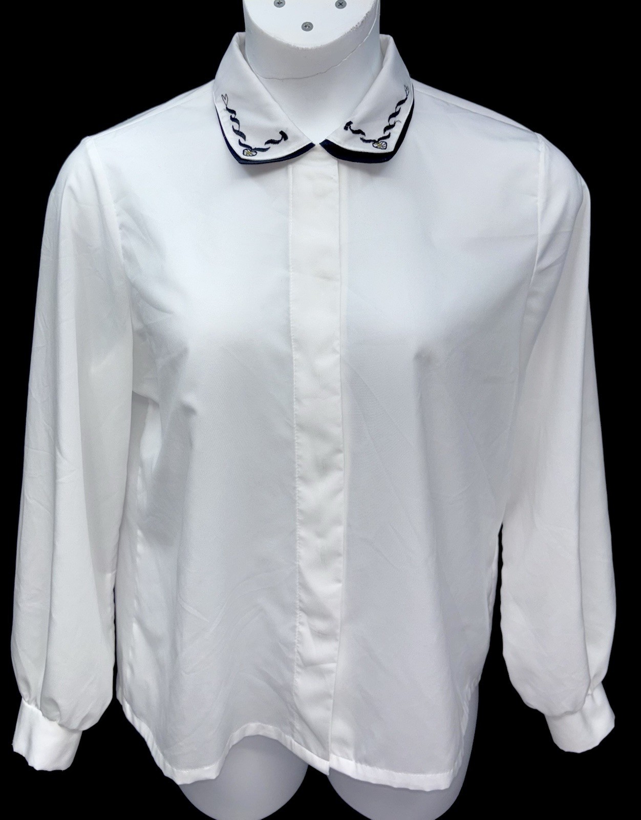 VTG Judy Bond Women Size 14 Button Up Long Sleeve Embroidered Collar Top White