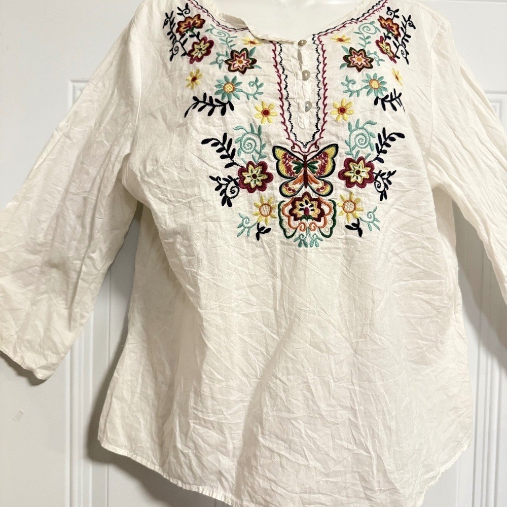 North Style Embroidered Blouse SZ Large Floral Coastal Hippie Boho Nostalgia