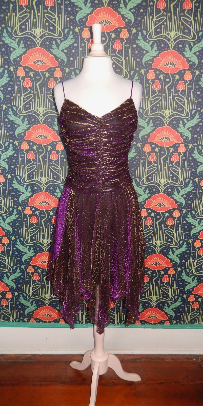 Vintage Y2K Purple Gold Whimsigoth Pointy Hem Party Metallic Fairy Slip Dress