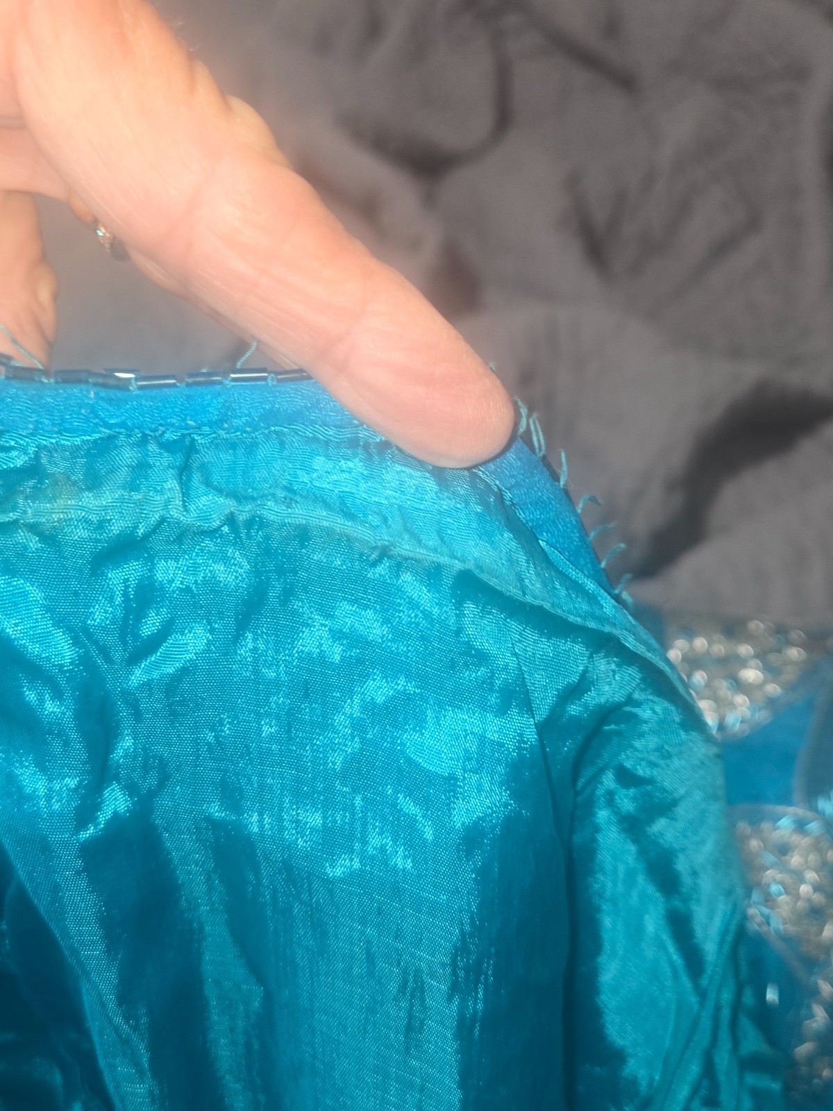 Vintage VINNIE Long Green, Teal, Silk Beaded Dress size XL