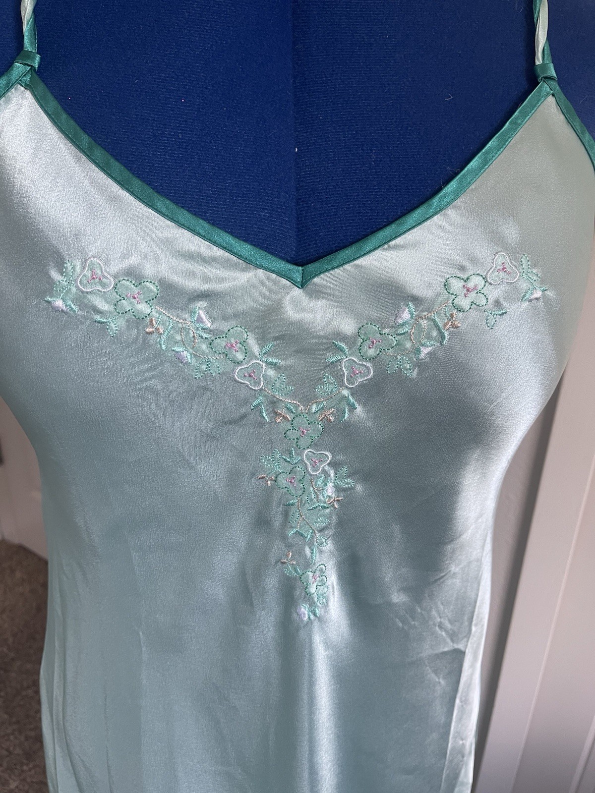 Y2K/2000s Enchanting Medium Mint Green Embroidered Floral Slip Dress/Lingerie