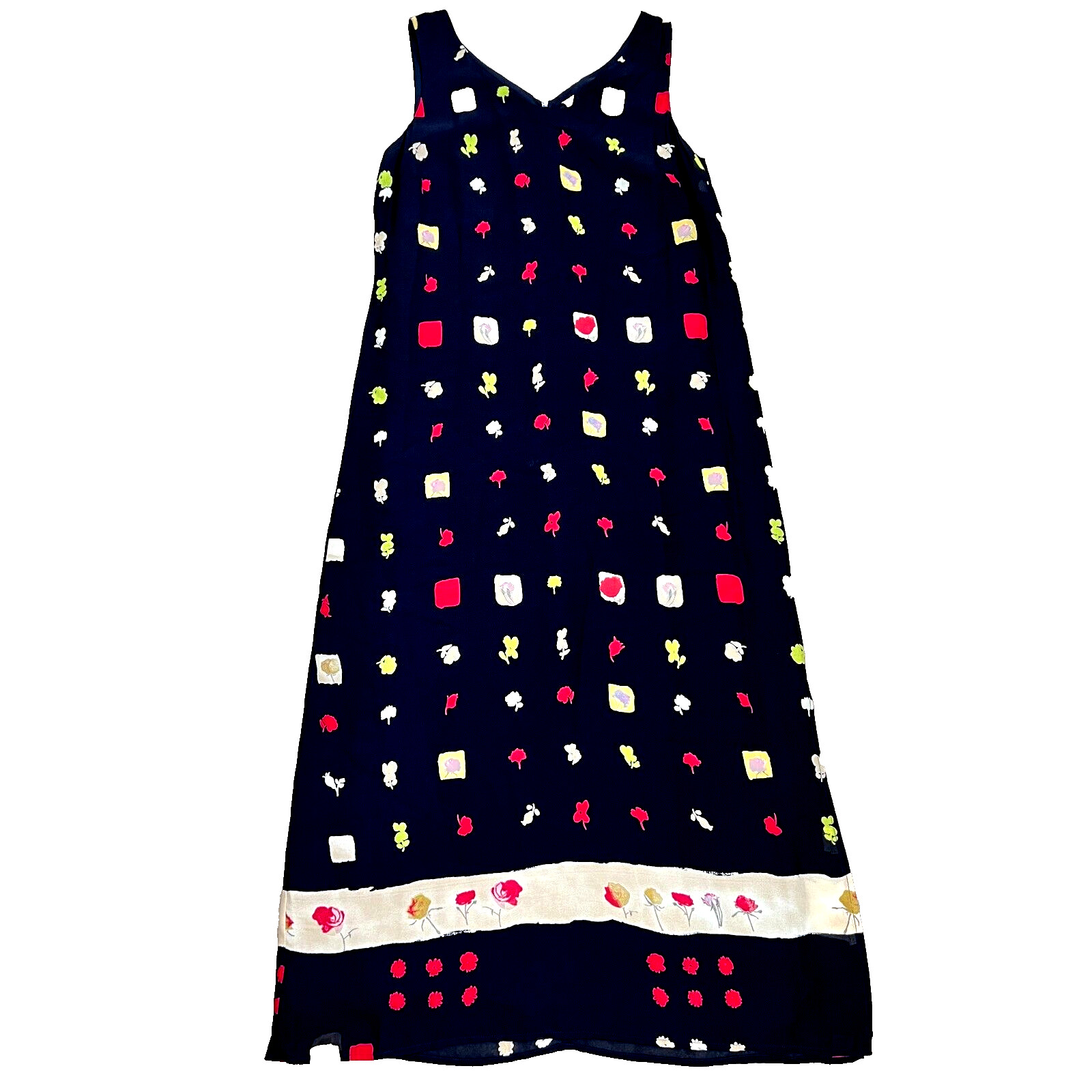 Vtg. Carol Anderson Maxi Dress Flower Leaf Square Print Black/Multi Sleeveless