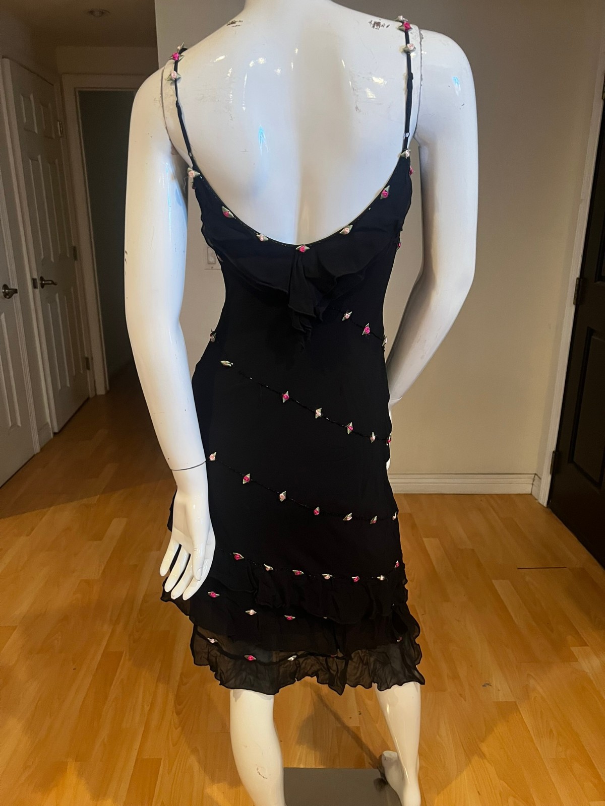 VINTAGE 90&rsquo;S Y2K CACHE BEADED SILK ROSETTE ASYMMETRICAL DRESS SZ 4 FAIRY GRUNGE