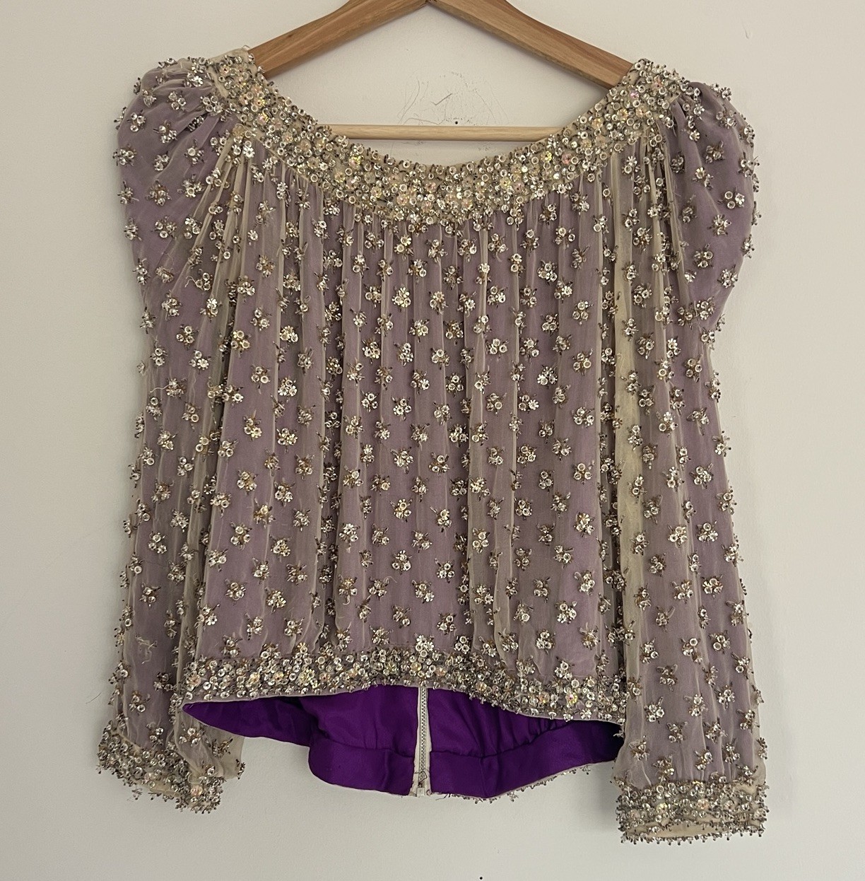 VTG Crystal Evening Jacket / Top Heavy Embellishment Sheer Silk Overlay Sparking