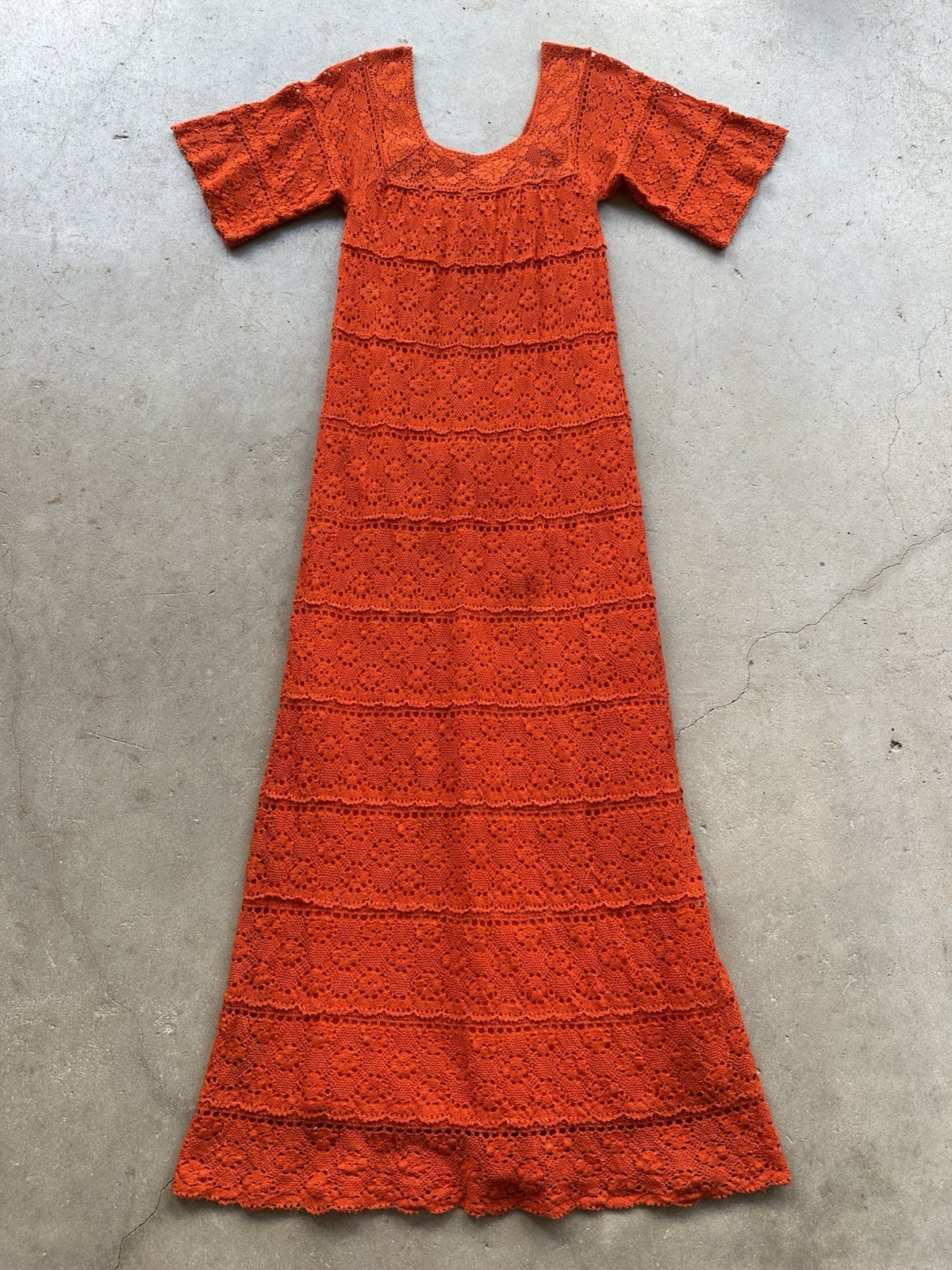 1970s Mexican Crochet Lace Maxi Dress Orange Cotton Boho Huipil XS S Vintage