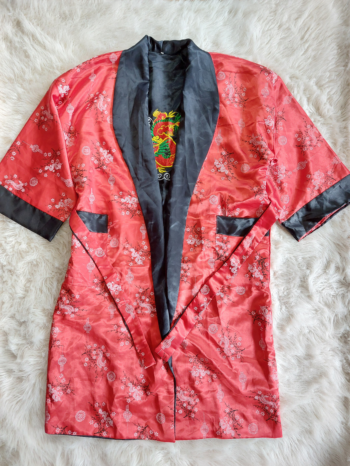 Oriental Black and Red Satin Reversible Dragon Embroidery Kimono Robe Siz XL