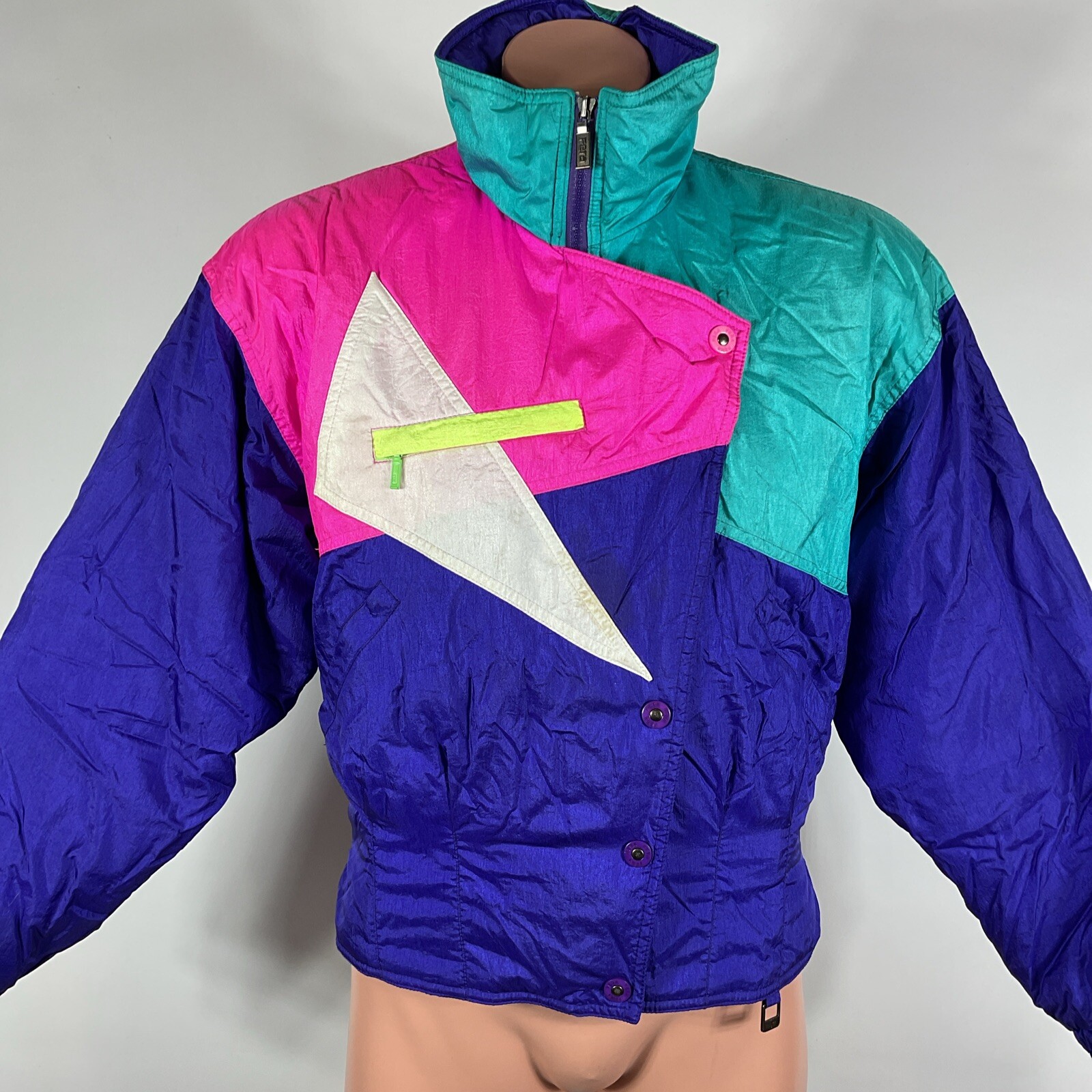 Vtg 80s SKI JACKET WINTER COAT BY FERA 10 Batwing Black Colorblock Neon Smocked