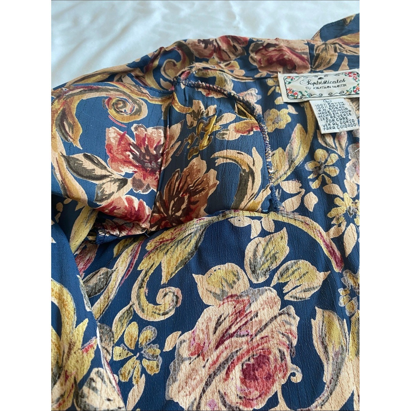 jonathan martin Sophisticates Navy Floral Button-Down Short Sleeve Blouse Vtg