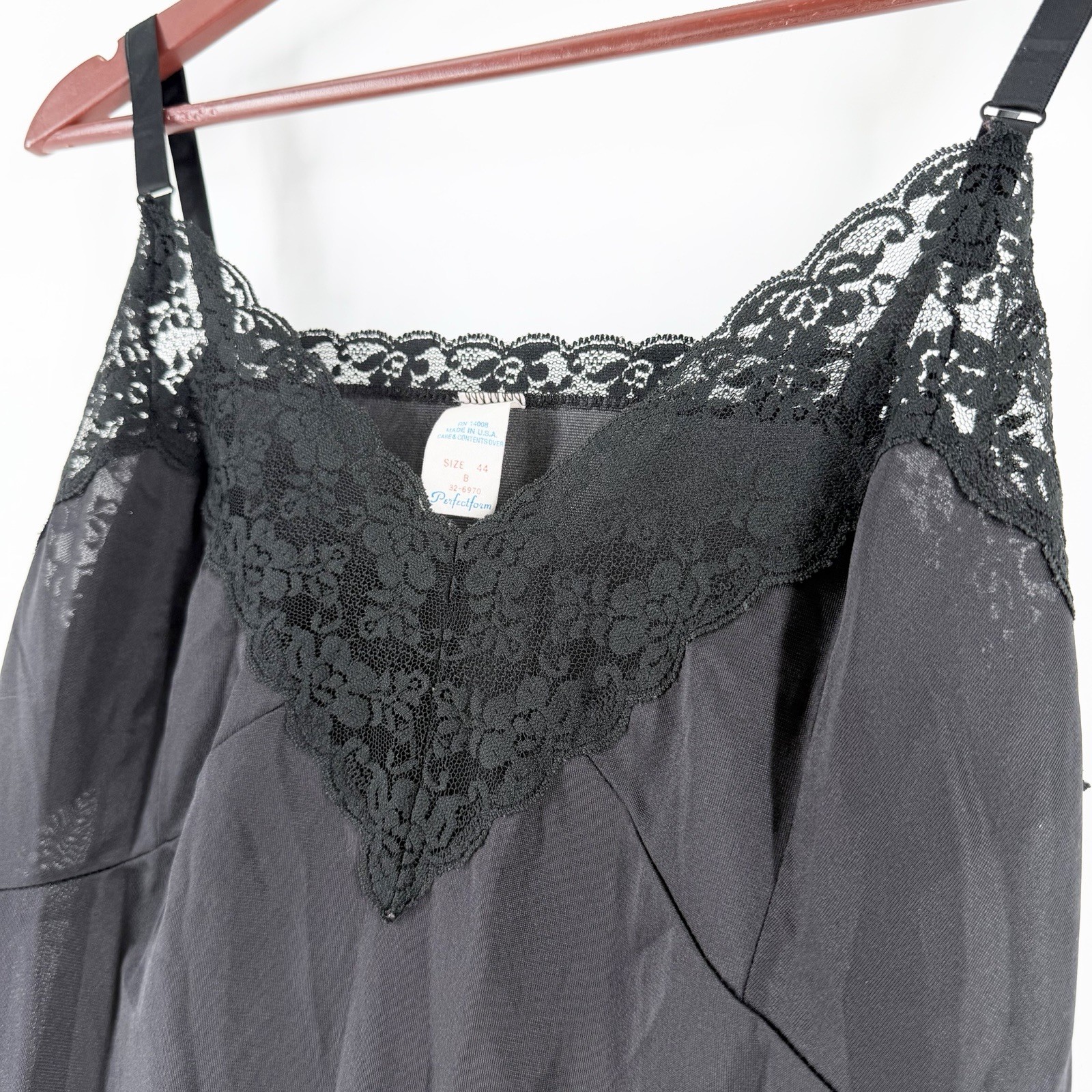 Vintage Perfectform Black Nylon Full Slip 44B XL Lace Antron III Made in USA