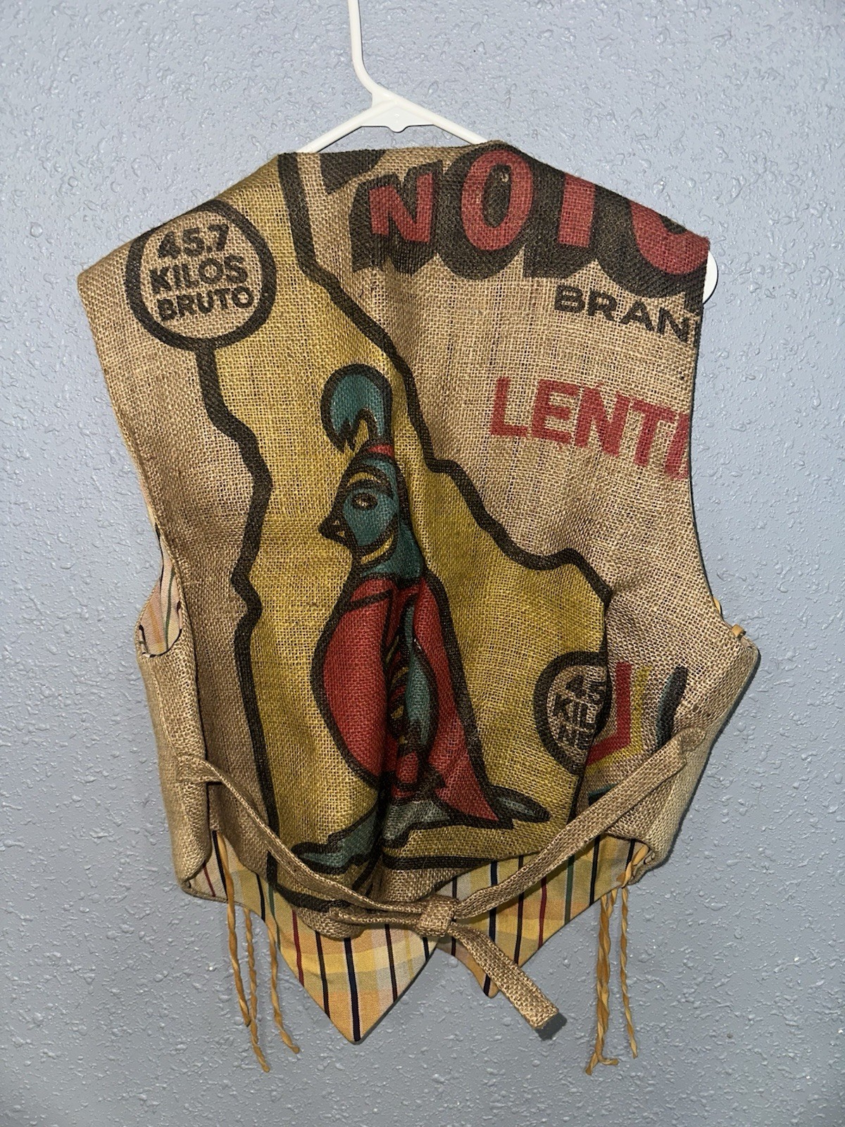 Vintage Handmade Burlap Coffee Sack Vest Boho Western Fringe Lined Festival