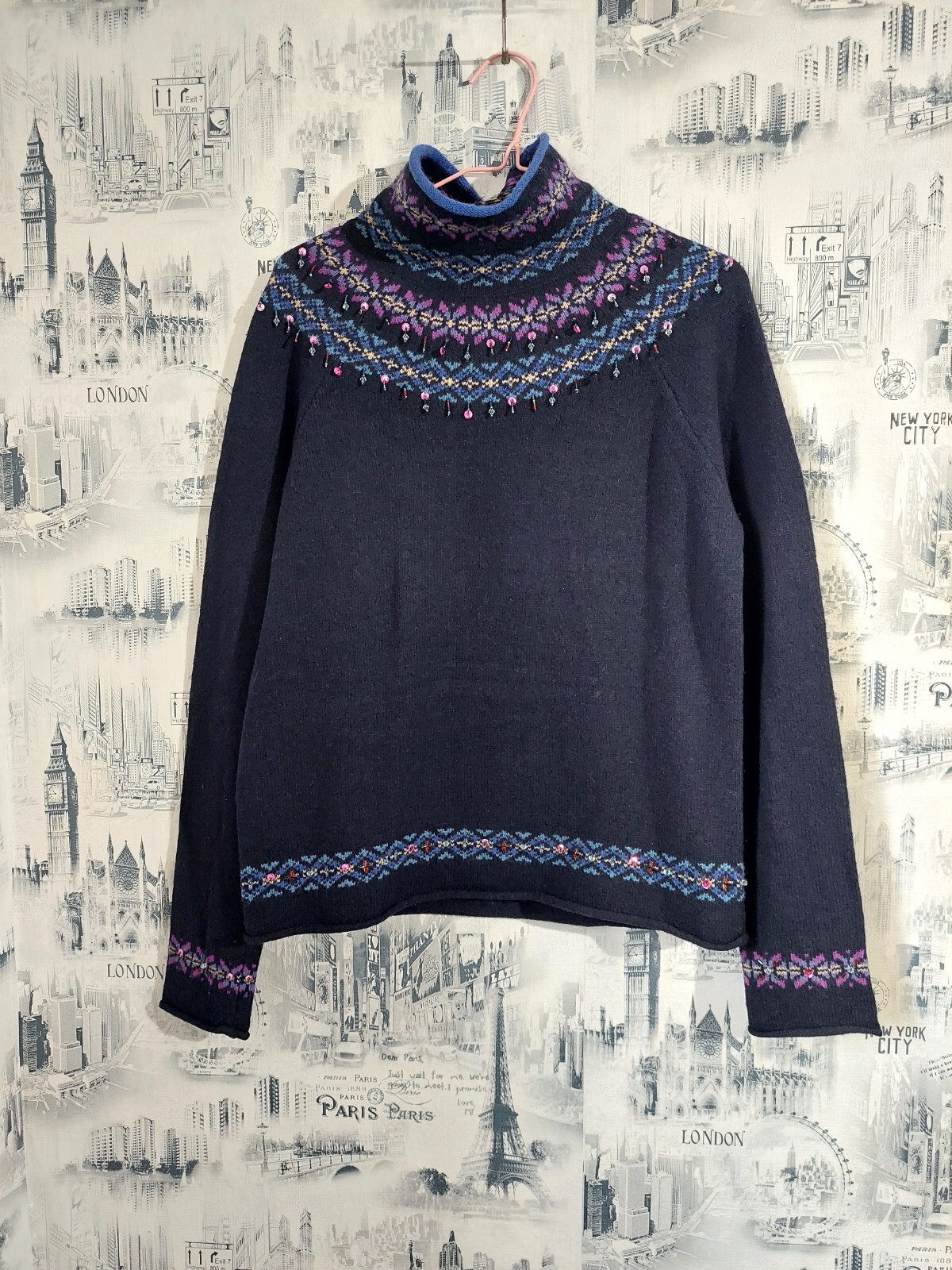 VTG Laura Ashley Sweater 100% Lambswool Multicolor Fair Icle Beaded Knit Sz S /P