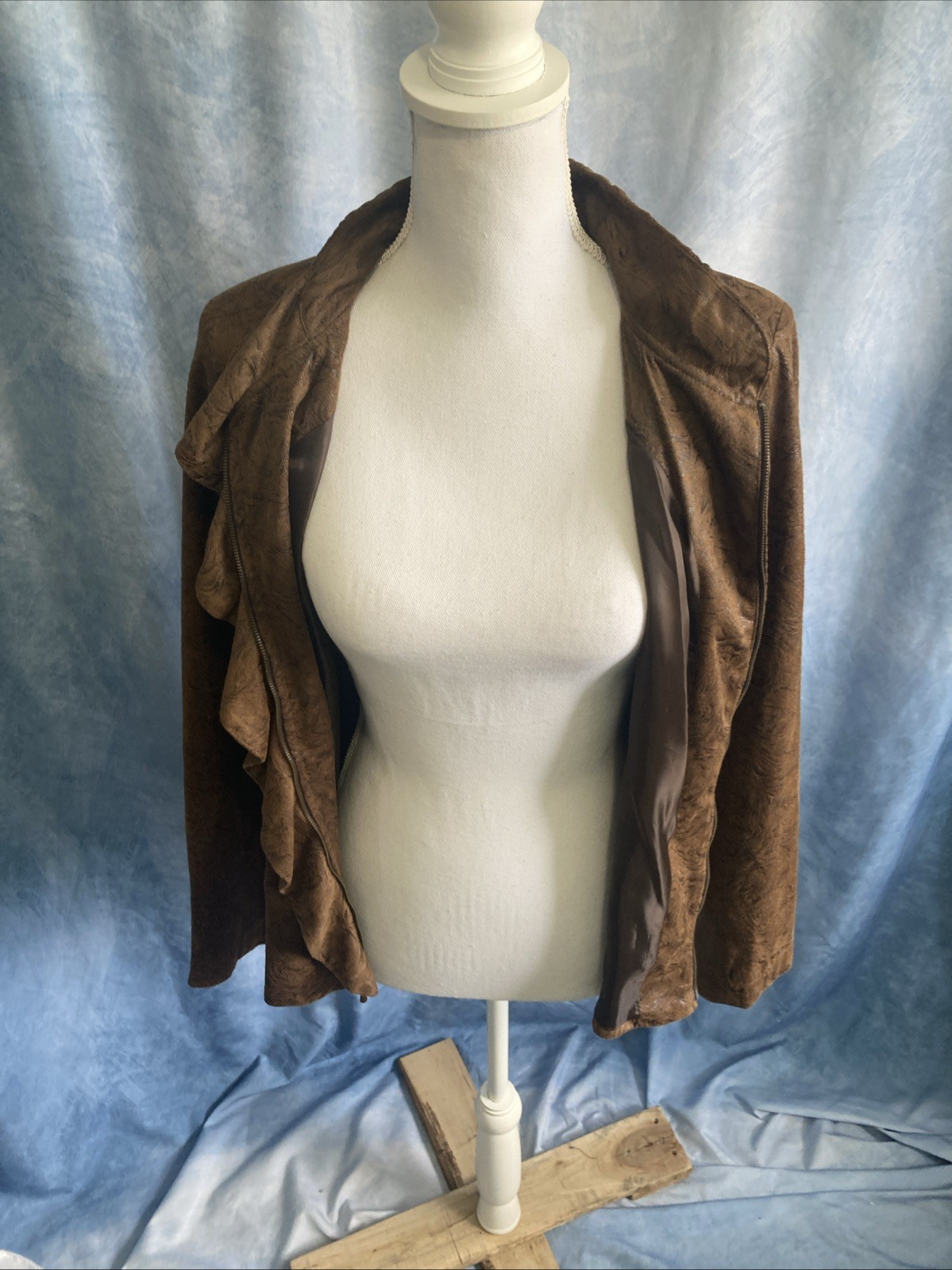Elementz Brown Faux Suede Ruffle Front Jacket Size M EUC Vintage Y2K MFLJ0128