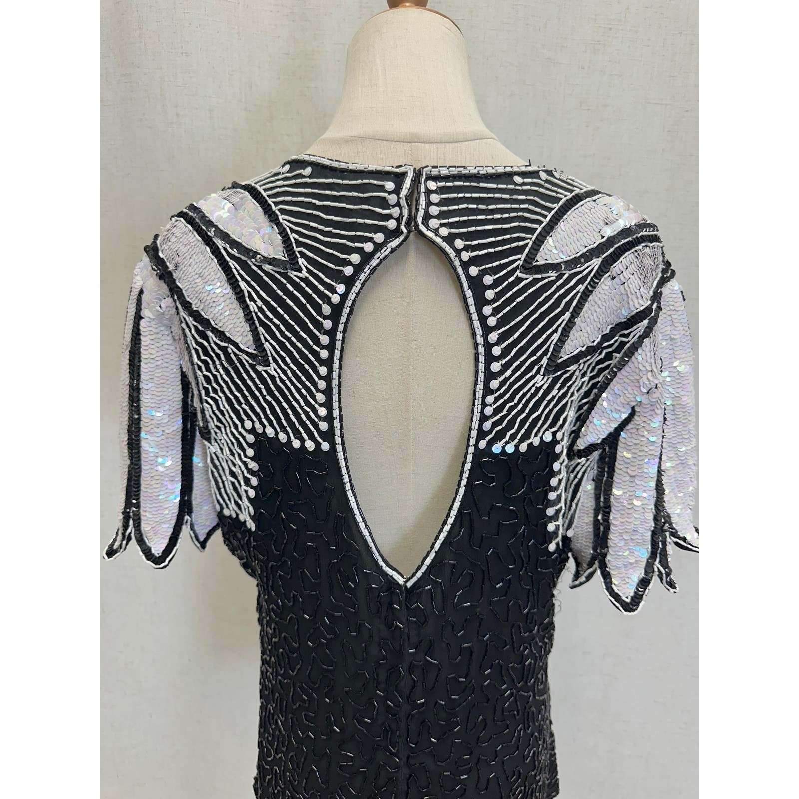 Stenay 100% Silk Beaded Sequin Black White Top Womens 14 Vintage Evening Blouse