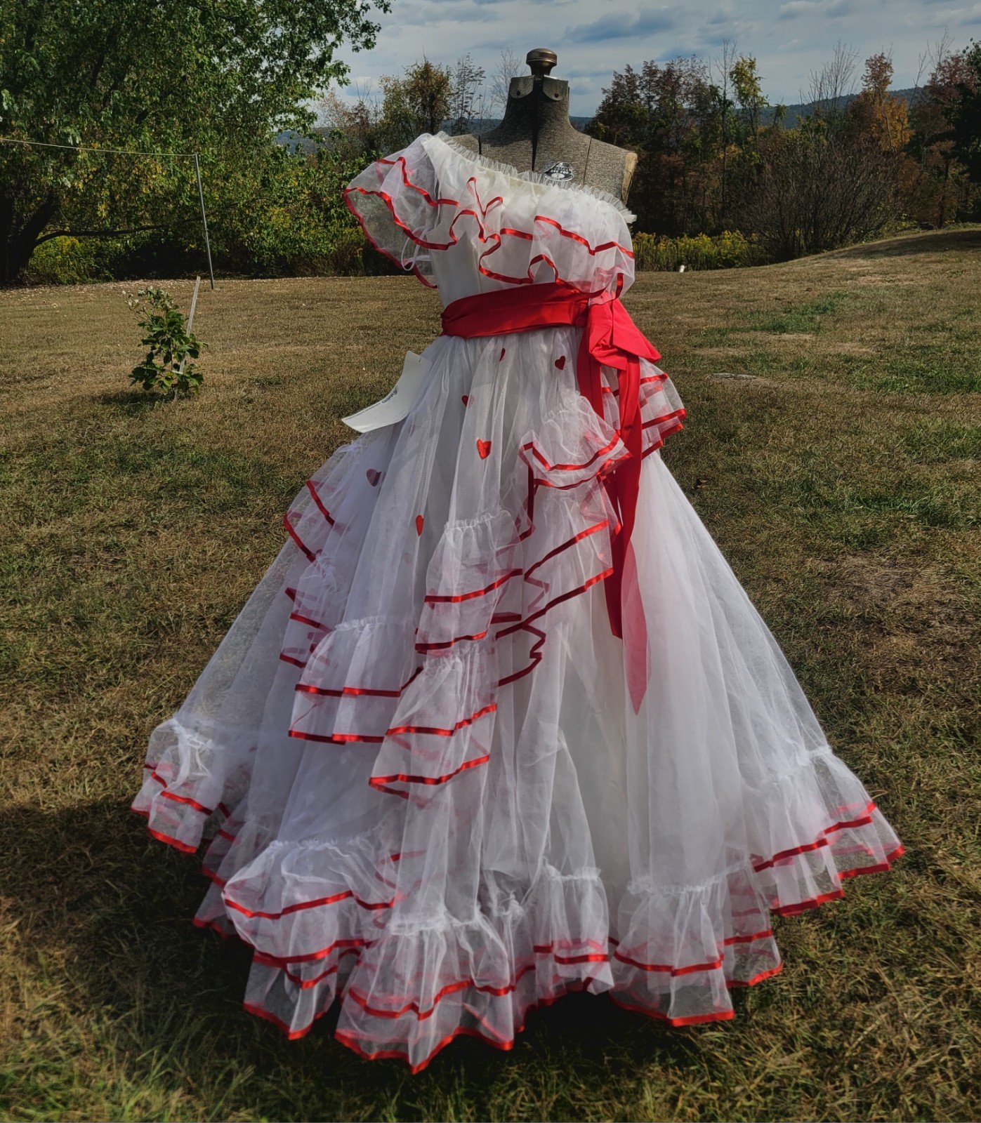 Vintage 70s 80s White Heart One Shoulder Dress Tulle Cupcake Poofy XXS/XS Prom