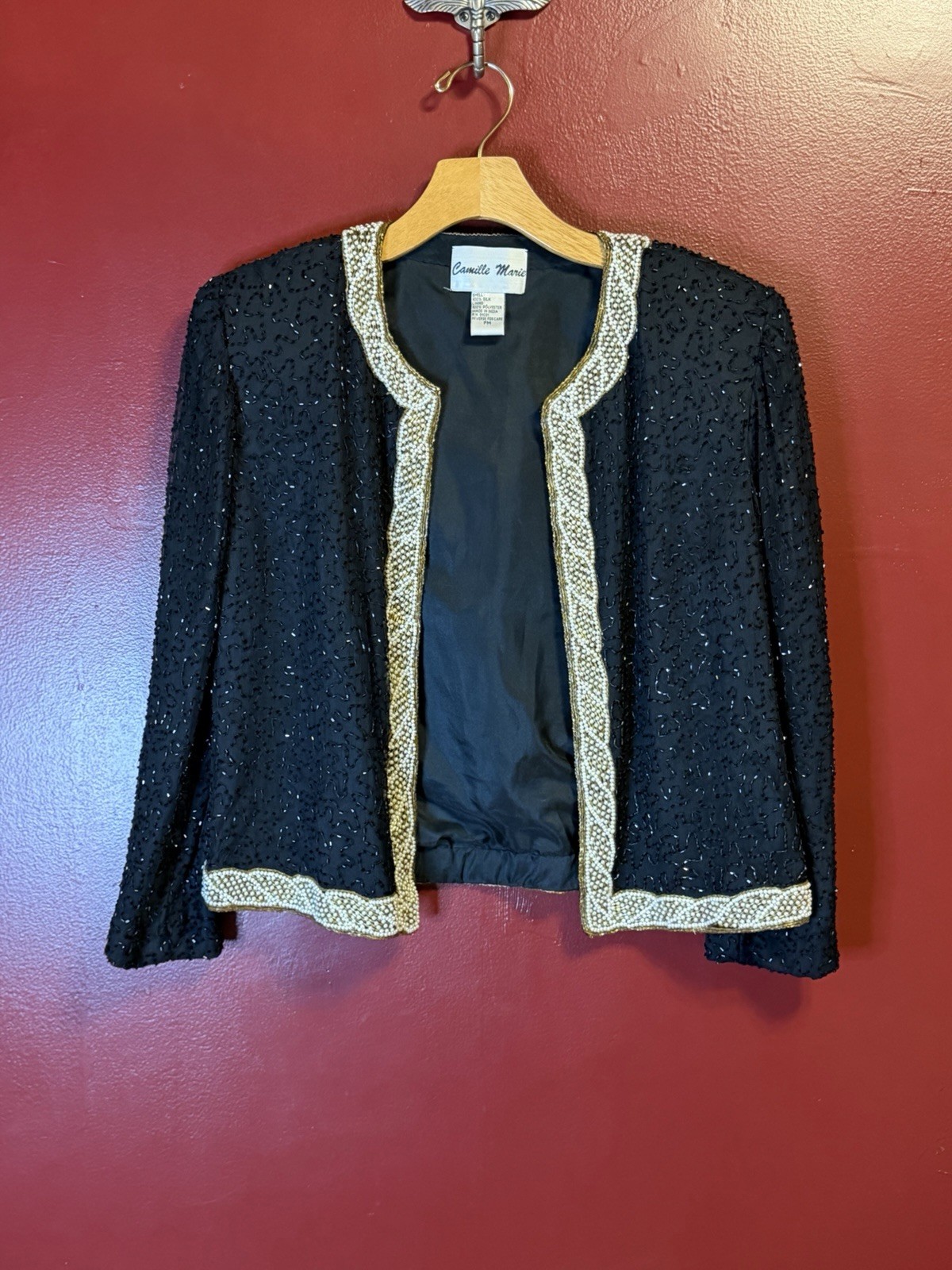 Vintage 80s Silk Beaded Jacket Black Gold Size PM