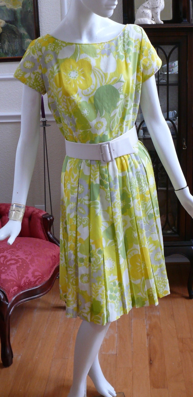 Sweet 1950 Yellow Floral Romantic Pleated Afternoon Dress S