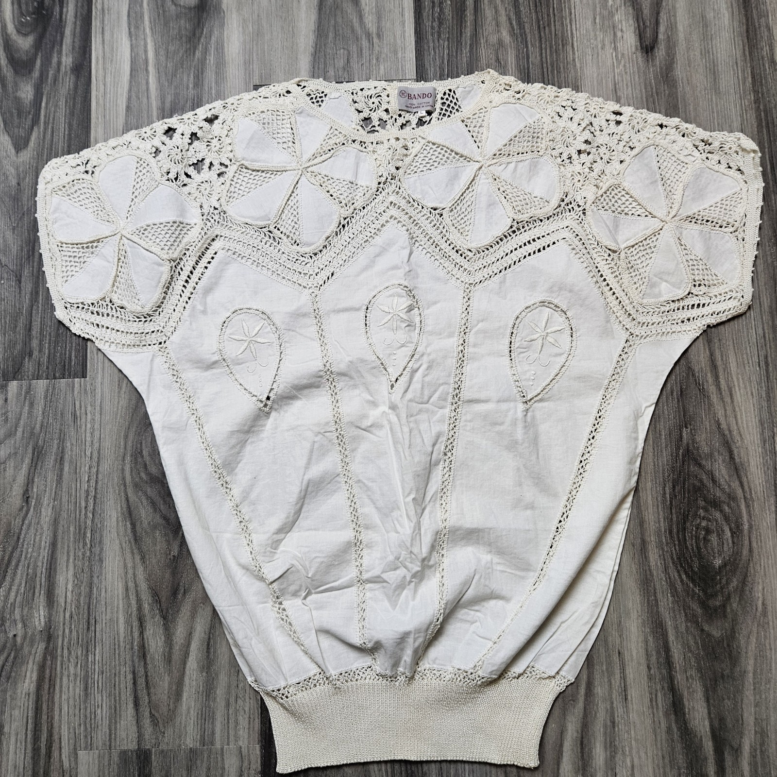 VTG NOS Hand Made BANDO Crochet Lace 100% Cotton Linen Tunic Large Women&rsquo;s Top