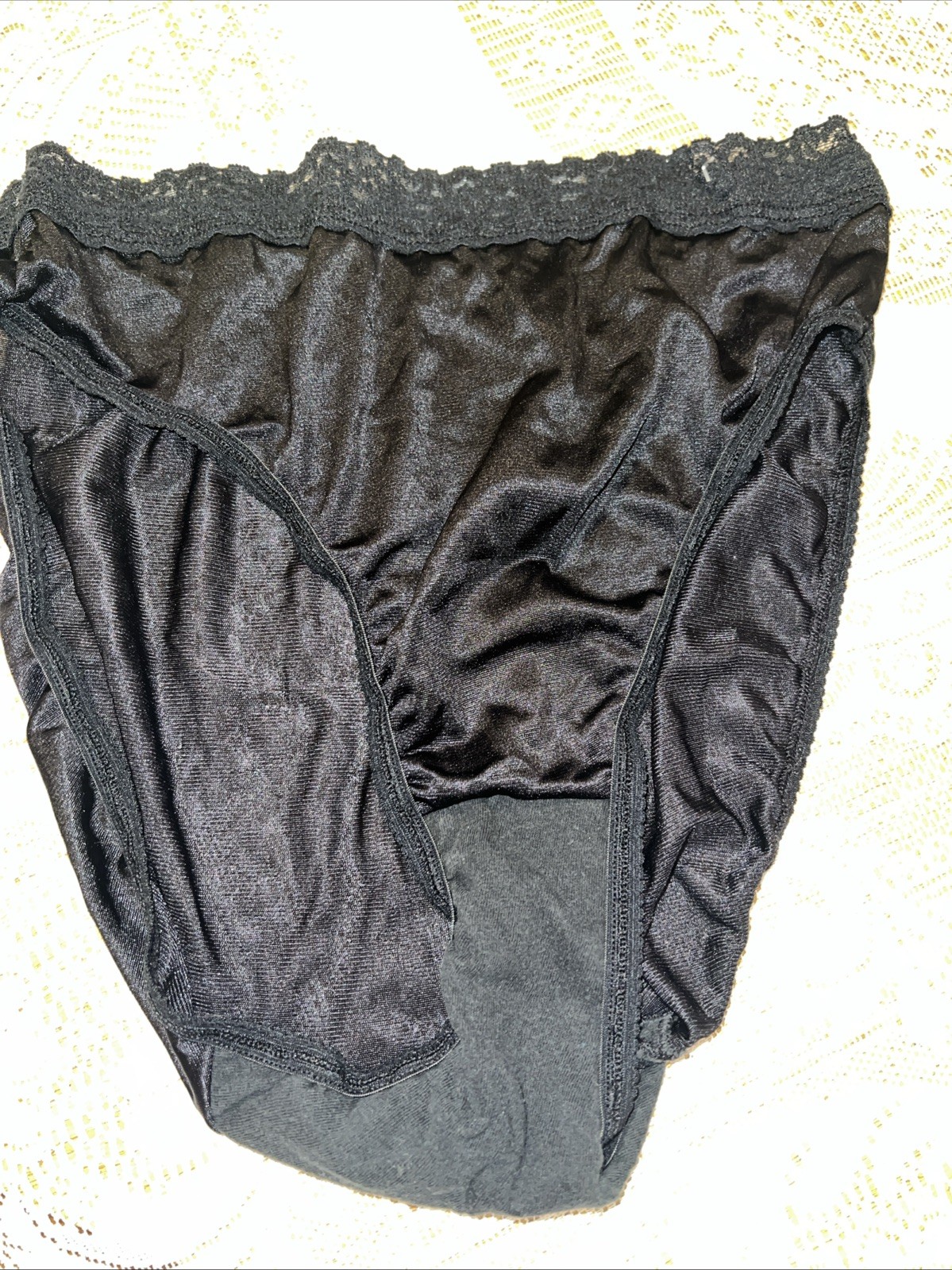 VTG Fruit of the loom LACE waist nylon Cotton HI CUT LEG Black panties 8 XL