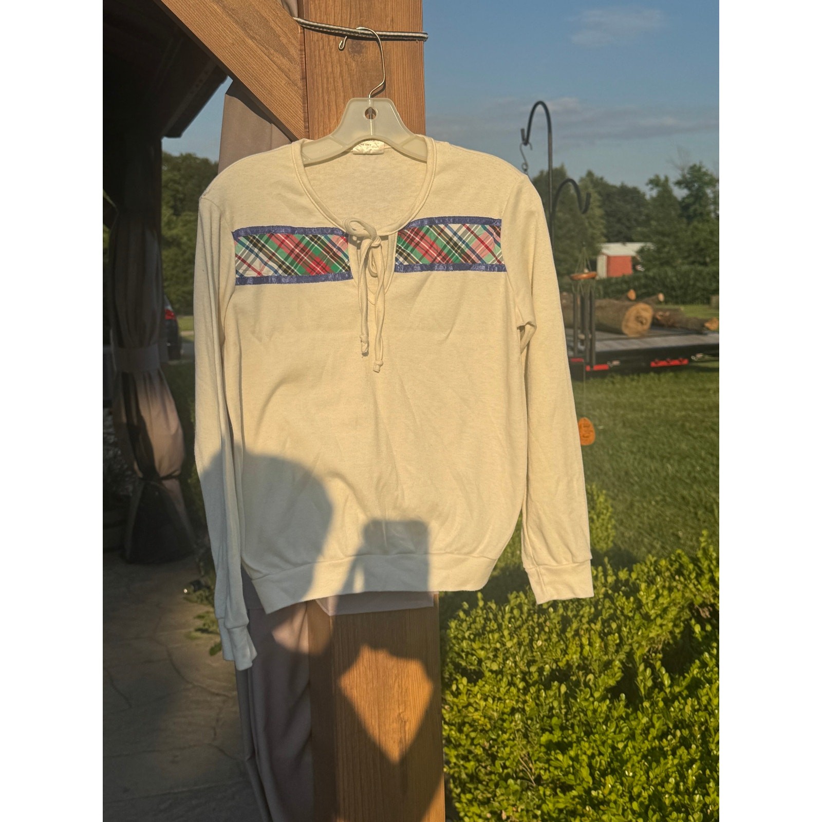 Vintage 70s Fritzi California Plaid Inset Sweatshirt Lace Up Pullover Cream M