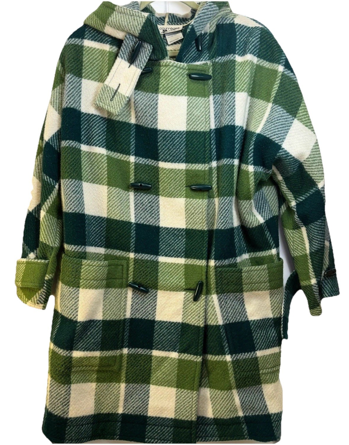 RARE Vintage 1960’s Courreges Green and Cream Plaid Wool Peacoat sz FR 38/ US 8