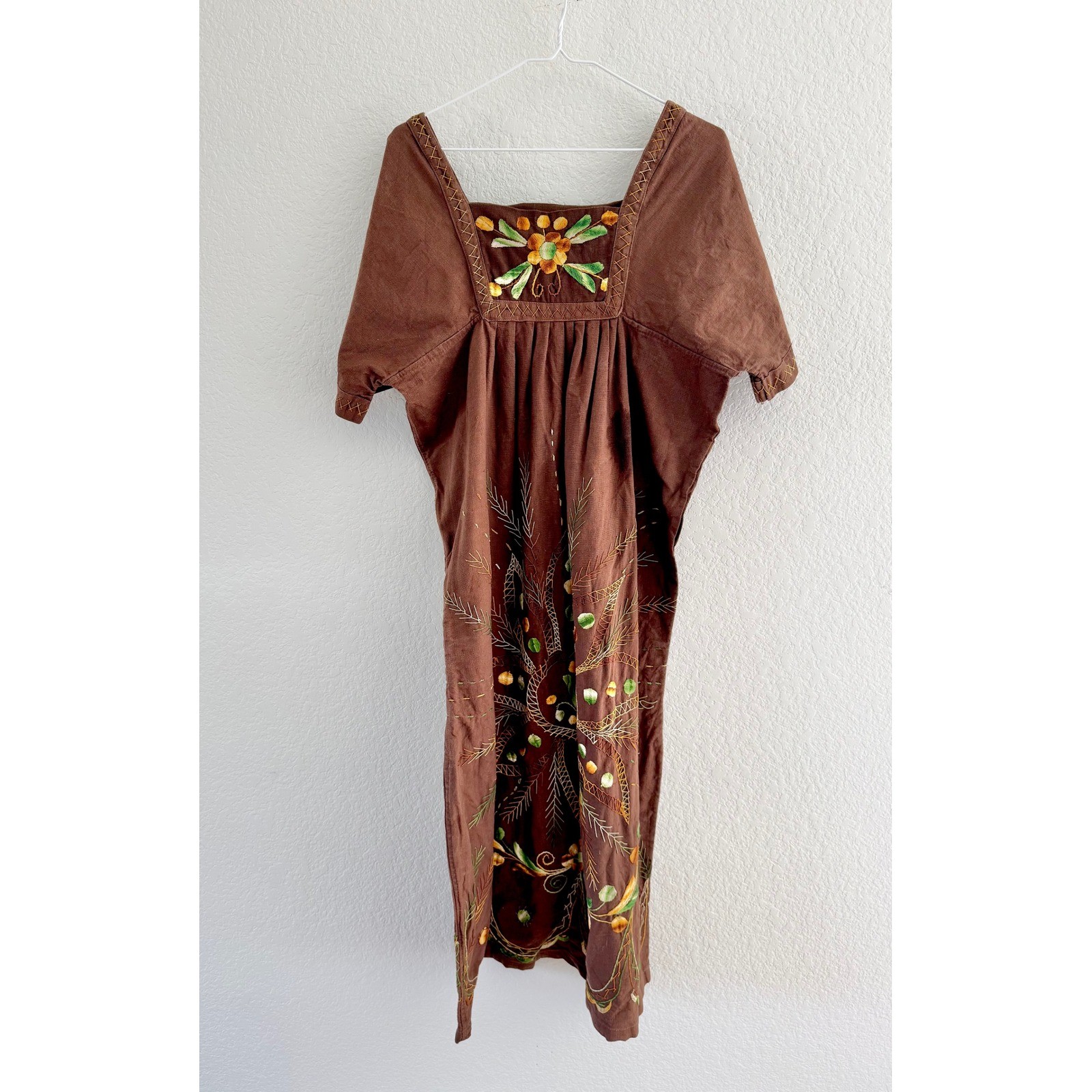 Vintage Brown Cotton Canvas Embroidered Floral Maxi Dress Boho Square Neck 52in