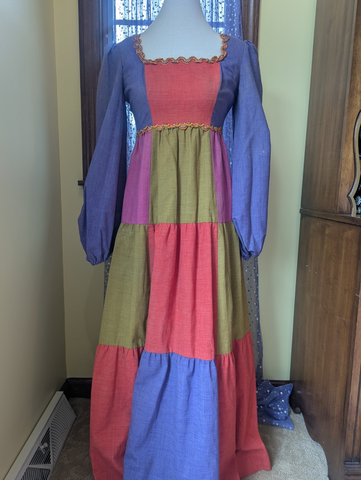 Vintage 70&rsquo;s Young Edwardian By Arpeja Renaissance Rainbow Colorblock Dress XS