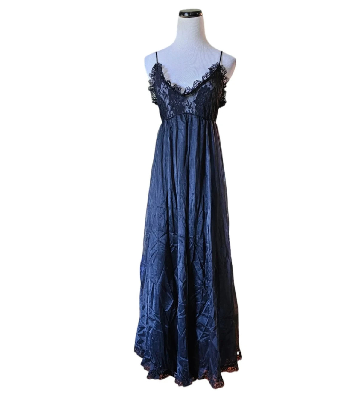 60s – 70s Tosca 6402 black lacy spaghetti strap sheer empire night gown . Large