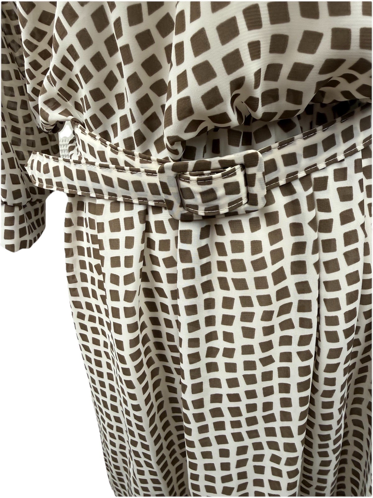 Vtg 70s Brown Geometric Semi Sheer Poly Chiffon Secretary Dress Buckle Belt M/L