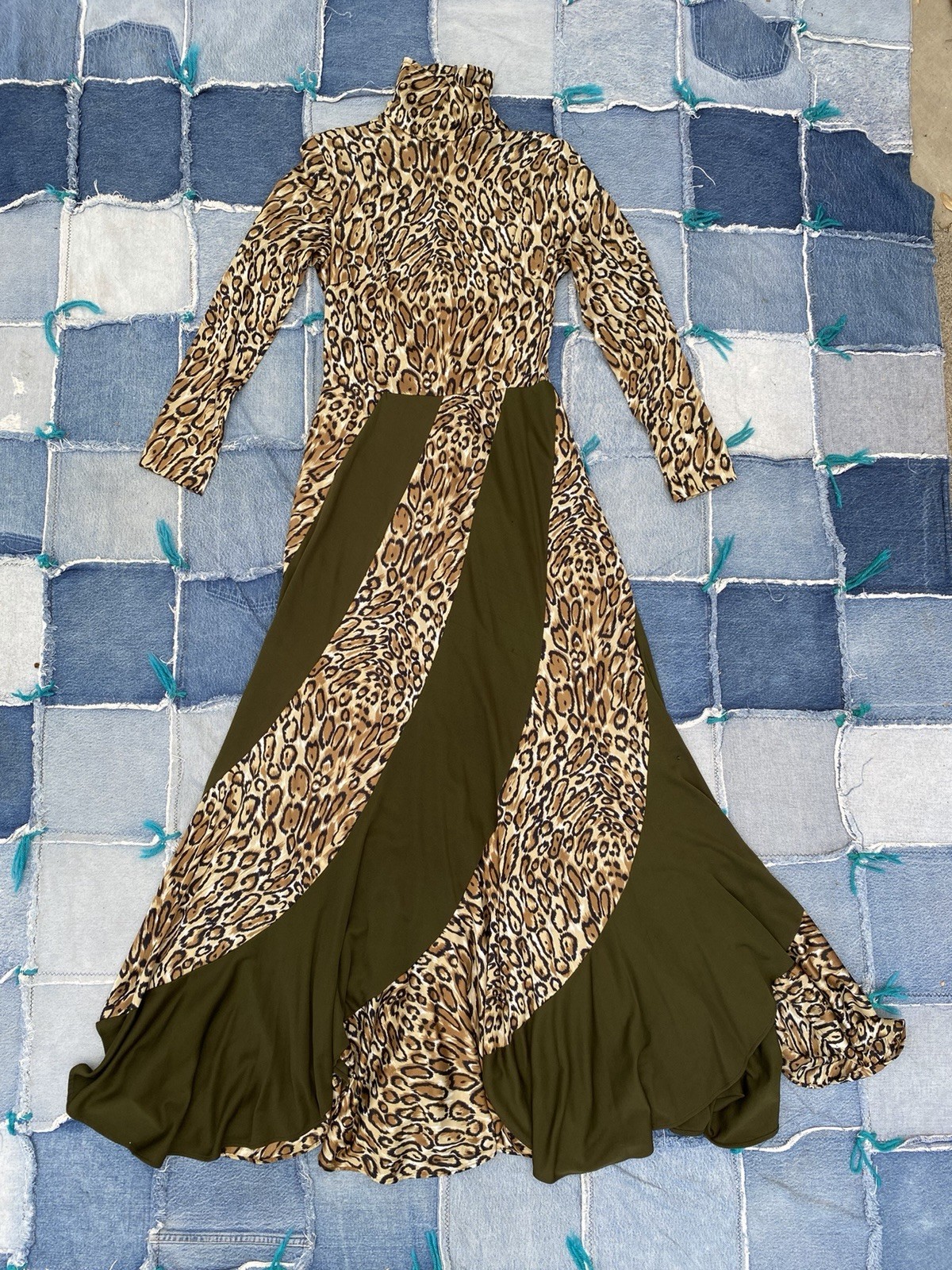 Vintage 70s Leopard Maxi Dress Mock Neck Animal Print Disco Glam Boho XS S
