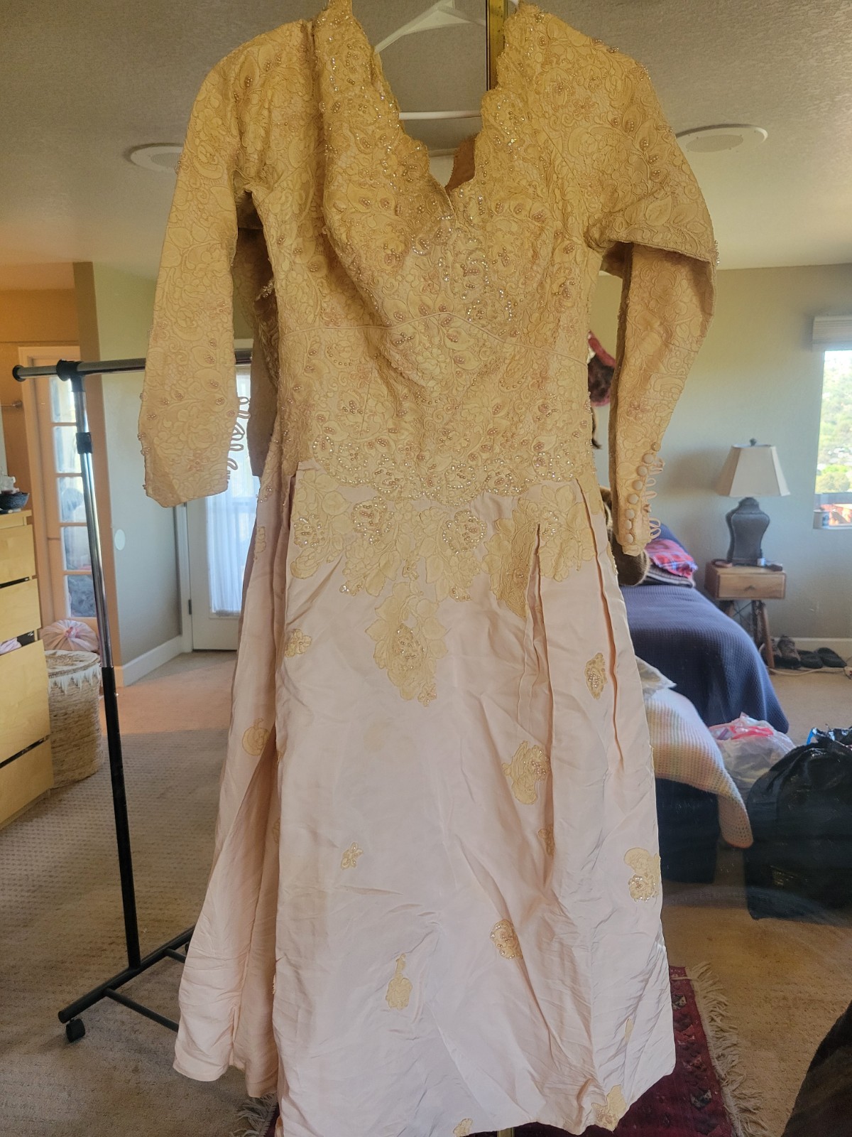 BEAUTIFUL HANDMADE 1920S 1930S NUDE BLUSH BEADED LACE WEDDING DRESS MUST SEE !