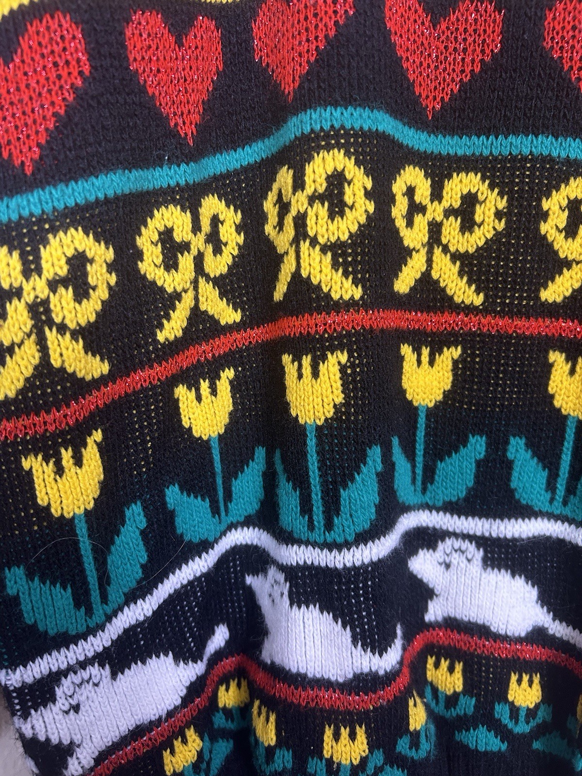Vintage 80&rsquo;s Adele Knitwear Knit Sweater Cat & Mice USA Med/Lg Oversized Lurex