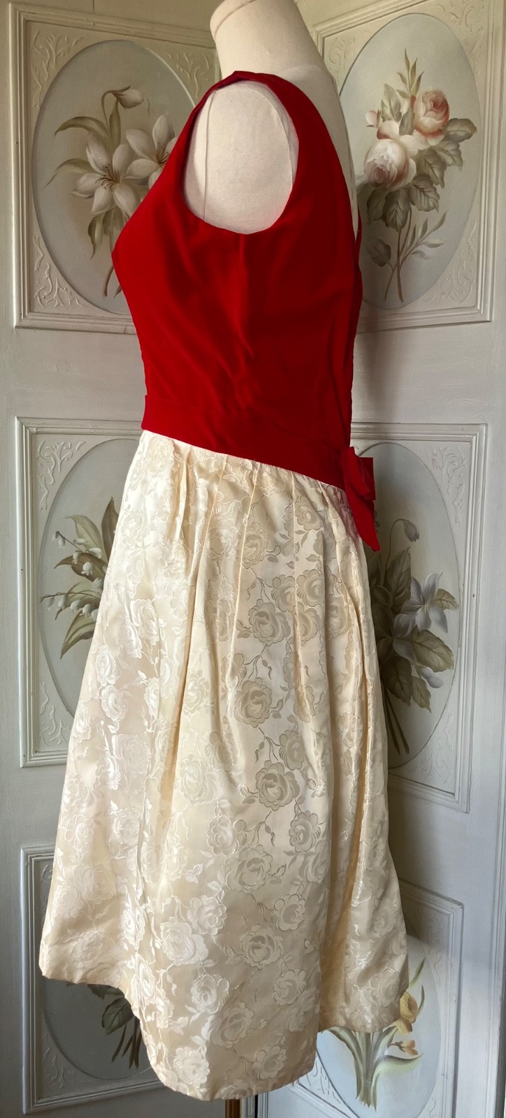 NWOT NEW VTG 50s PARTY DRESS SLVLSS RED VELVET CREAM JACQUARD+LACE SHRUG 13/14