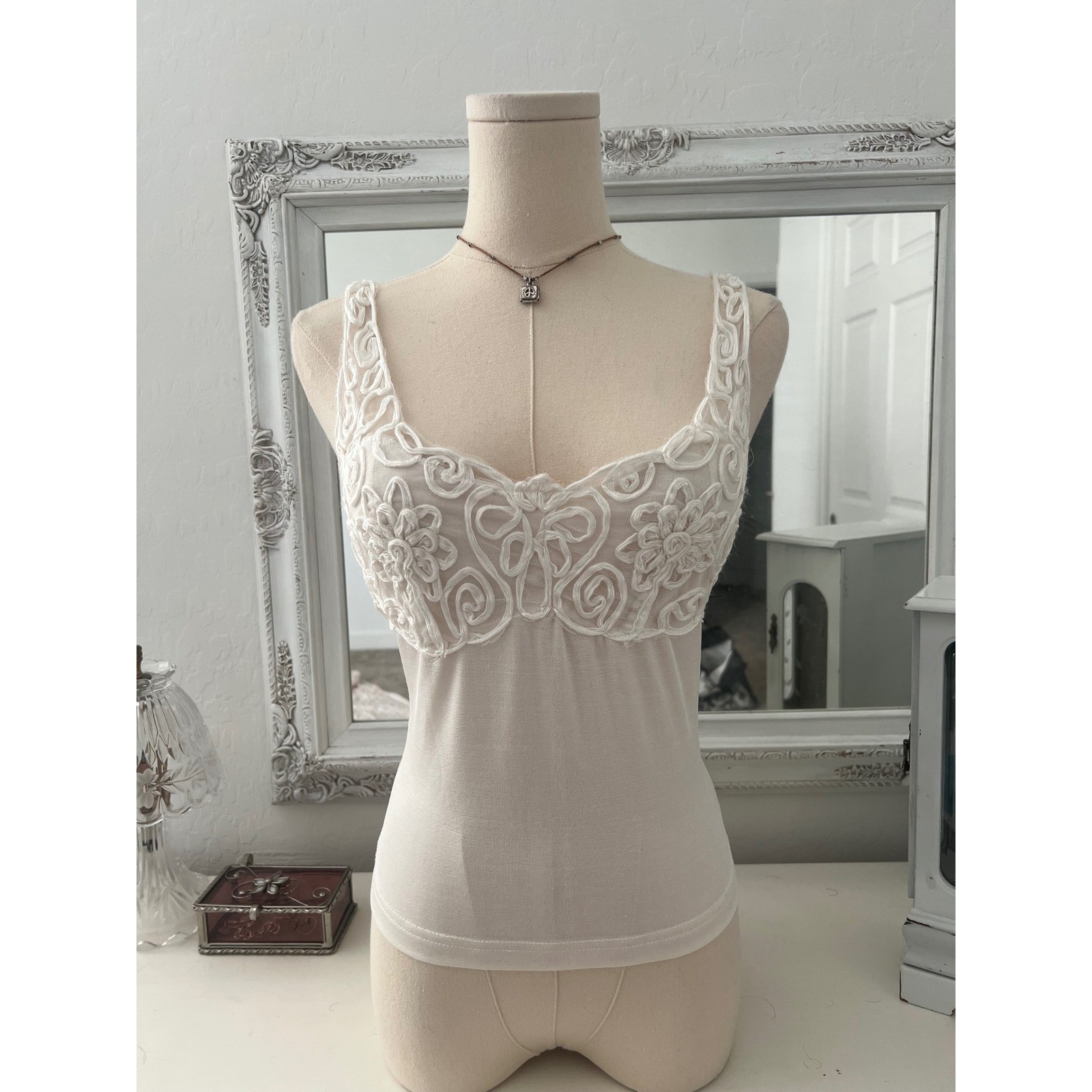 vintage cream baydoll style textured tank top with floral details