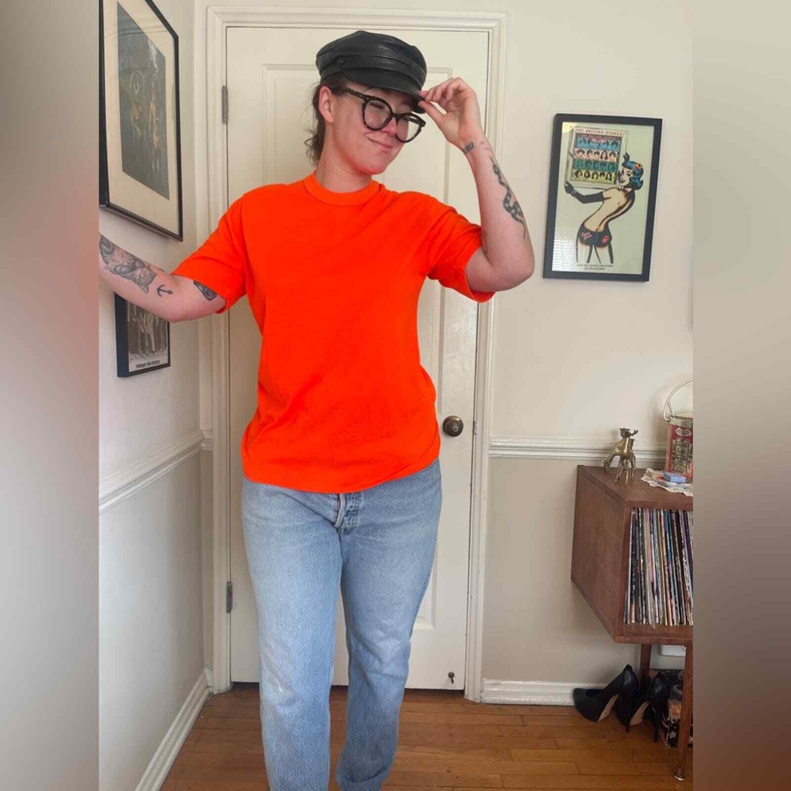 80s Vintage Bright Orange Single Stitch Cotton Poly Blend T Shirt – Sz Large