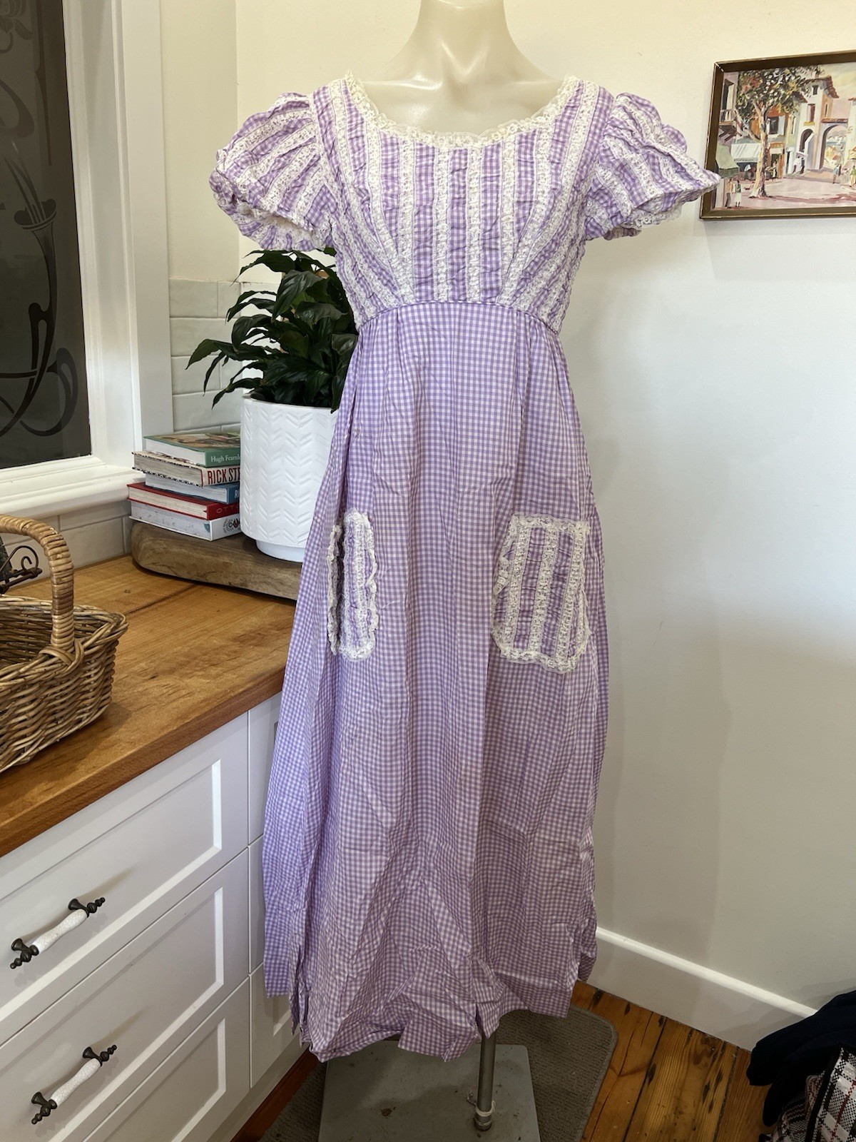 Vintage 1970’s Emma Domb Prairie Dress Fits Size 6-8 Check & Lace