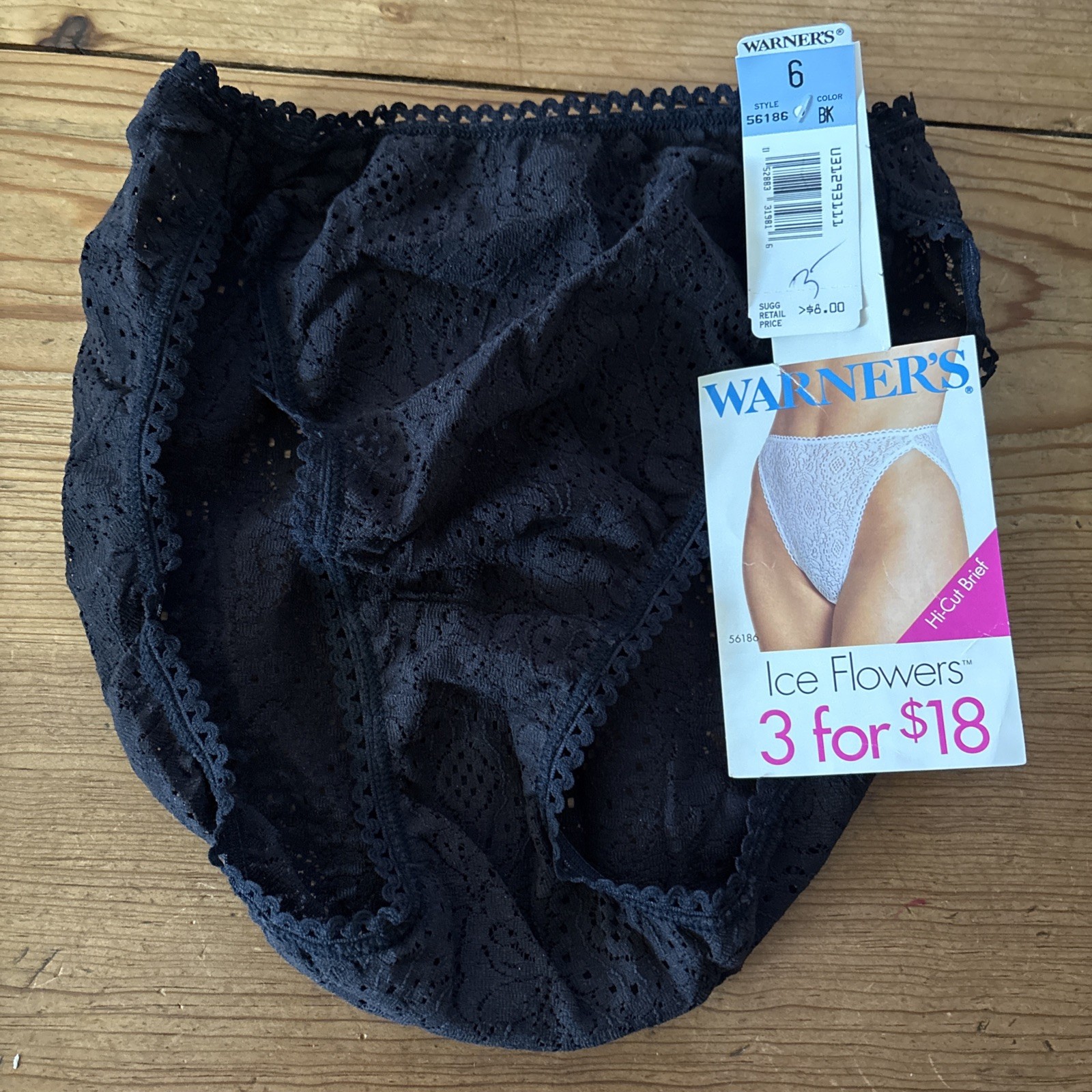 Y2K Warners Ice Flowers Stretch Lace Hi Cut Brief Panties 56186 Black Sz 6 NEW