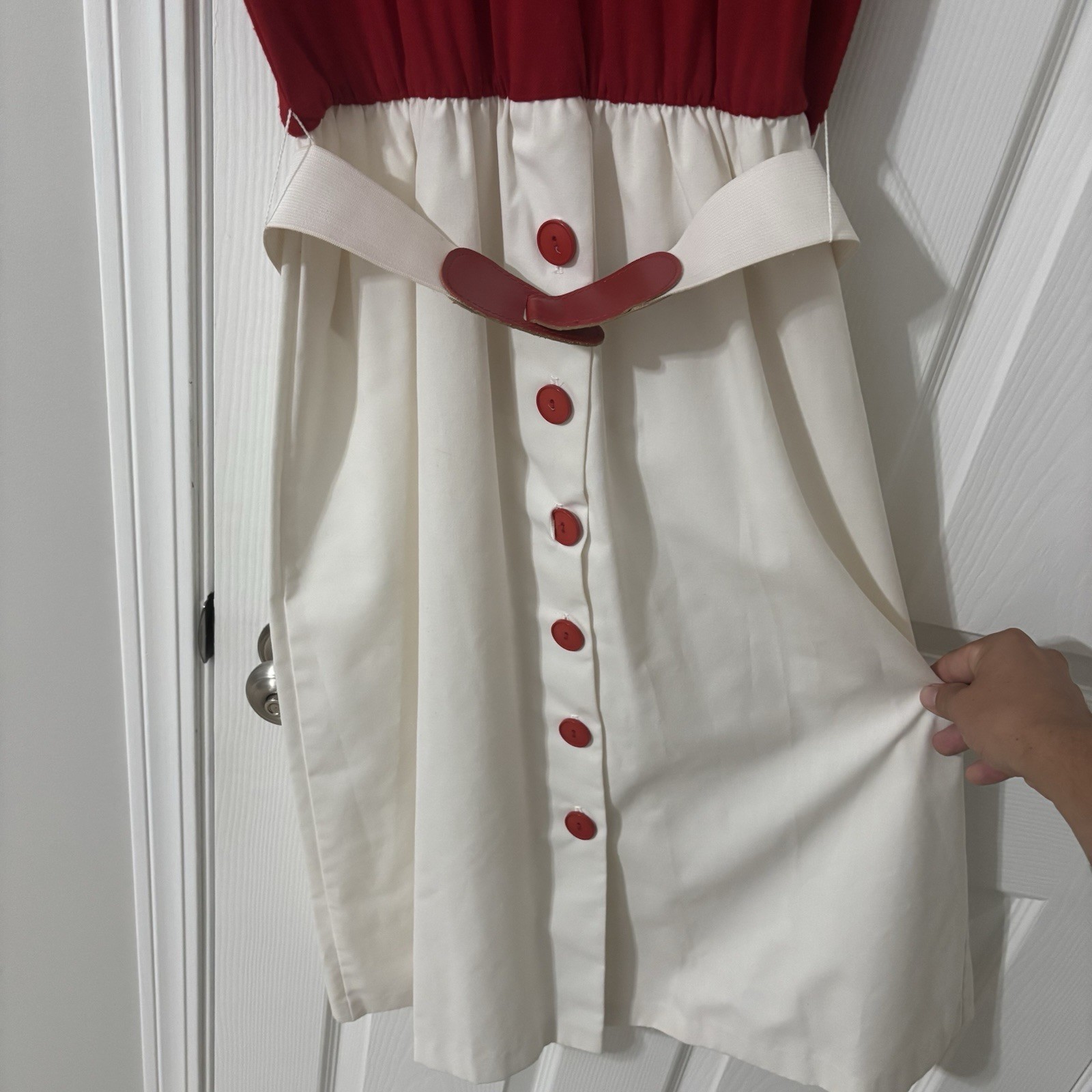 VINTAGE 1960s 70s WALDEN CLASSIC BURGUNDY RED DRESS & BELT SIZE 14 COTTON POLY