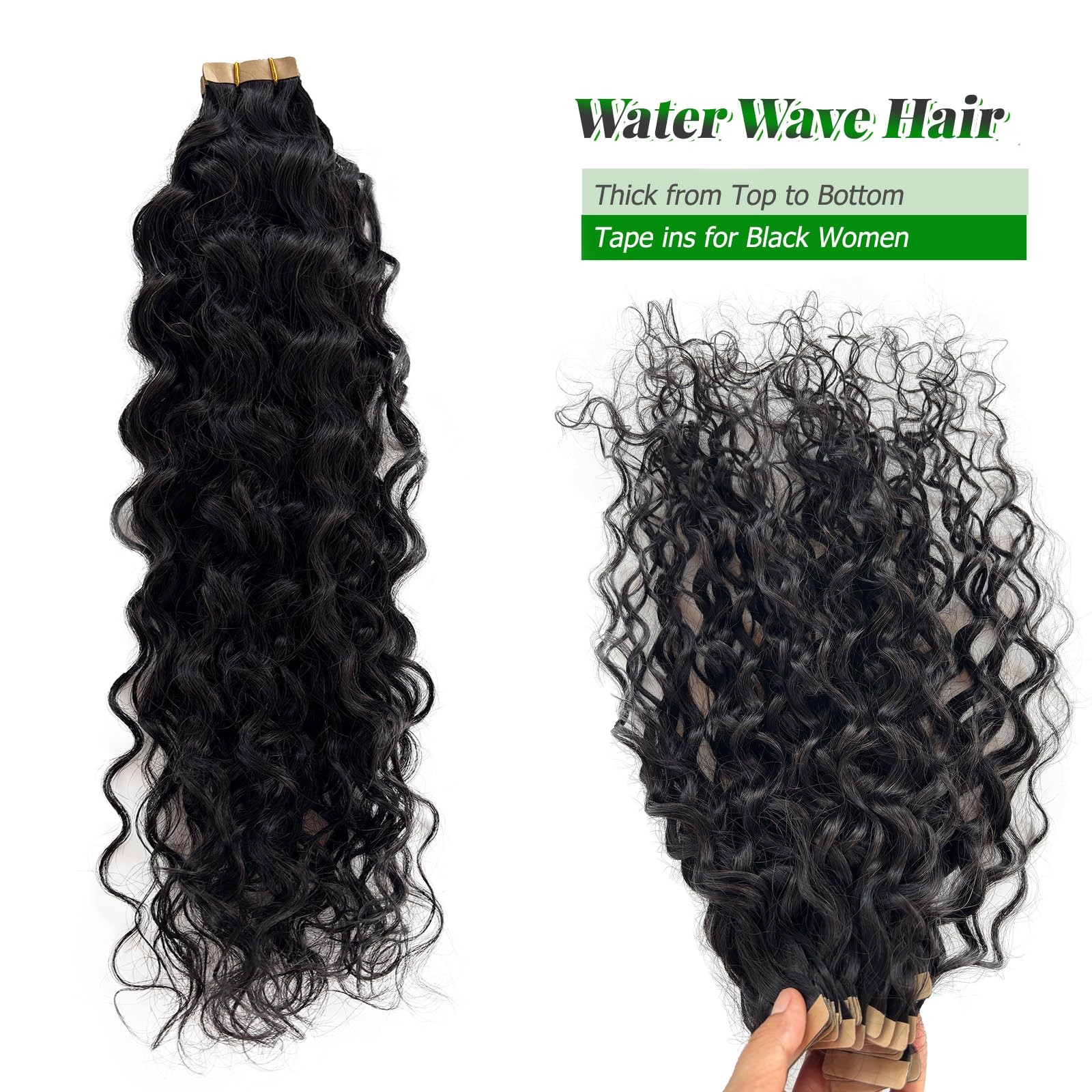 Invisible Tape in Hair Extensions Human Hair 24 Inch Water Wave Natural Black