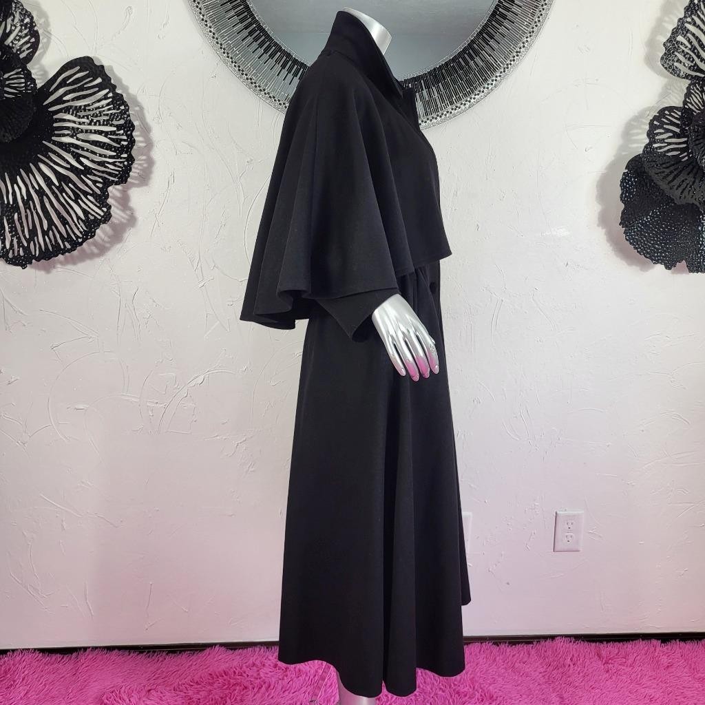 CLAUTE COUTURE~38/S/M~VINTAGE BLACK WOOL VELVET FULL LENGTH CAPE COAT TRENCH