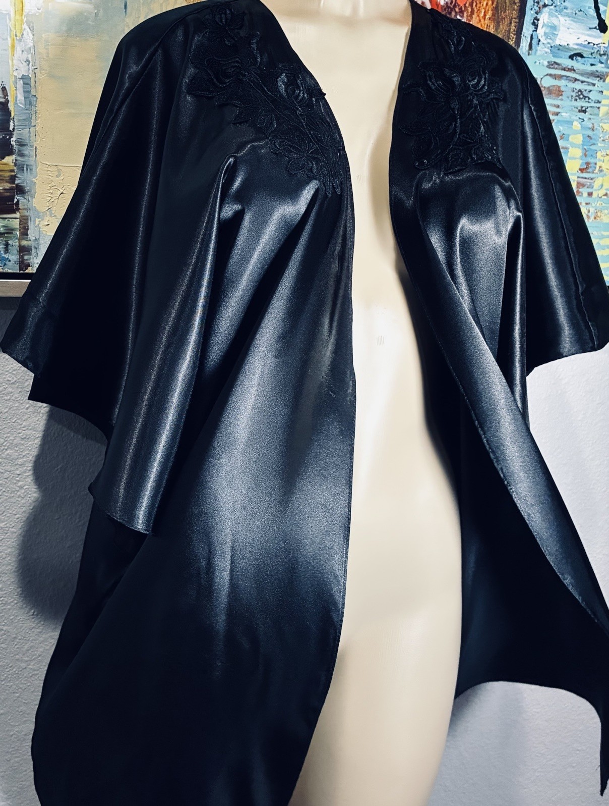 Vintage Black Satin Batwing Cape Jacket Robe M
