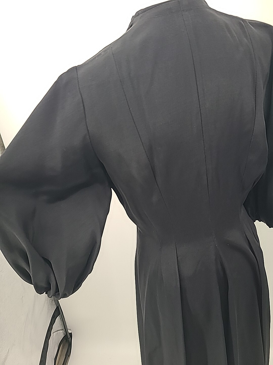 Rare VTG 1930s 40s Button Down Dress, Black With Bubble Sleeves & Full Skirt, LG
