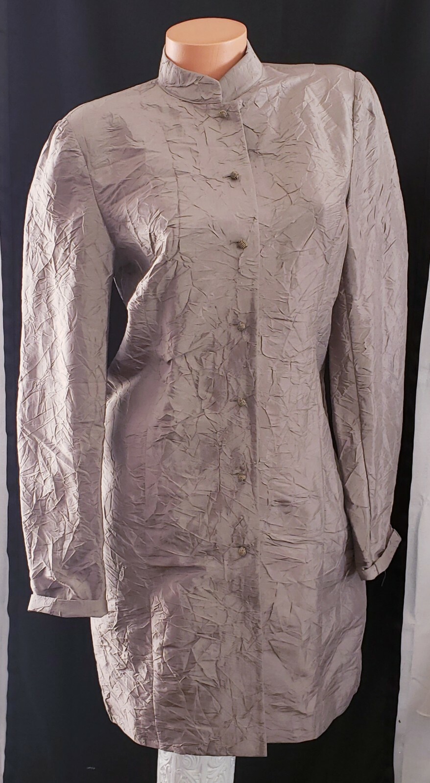 Sutton Studio Crushed Metallic Silk Taffeta Taupe Silver Tunic Blouse Shirt Sz M