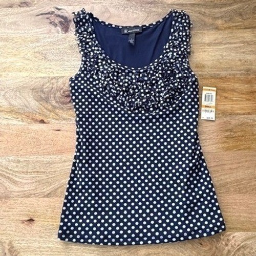 Vtg INC Polka Dot 2Pc Tank & Tiered Mini Skirt Navy Blue Ivory Ruffle Mesh S/M