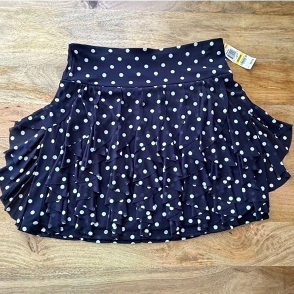 Vtg INC Polka Dot 2Pc Tank & Tiered Mini Skirt Navy Blue Ivory Ruffle Mesh S/M