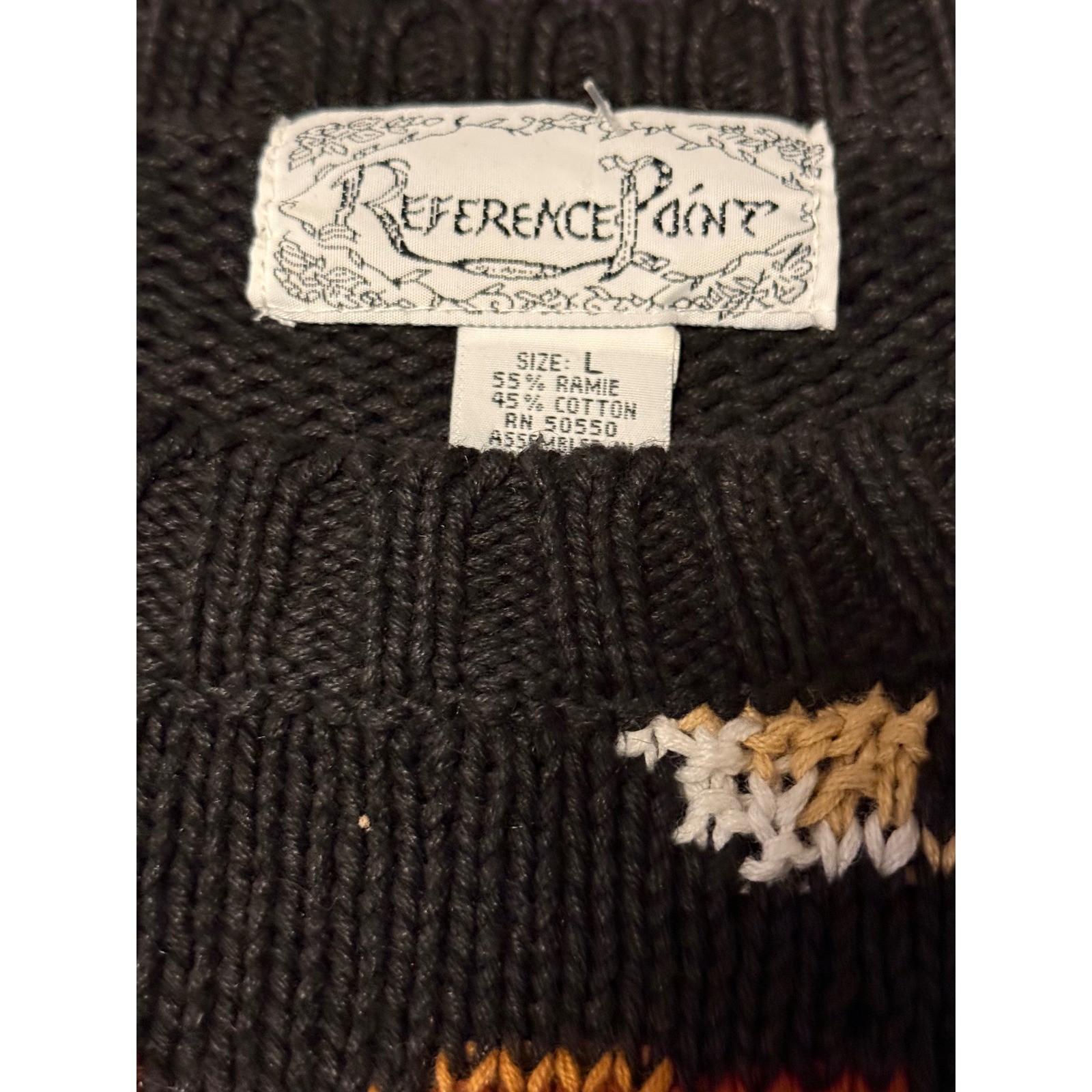 Reference Point Vtg 90s Sweater L Black Floral Cotton Cottagecore Whimsigoth