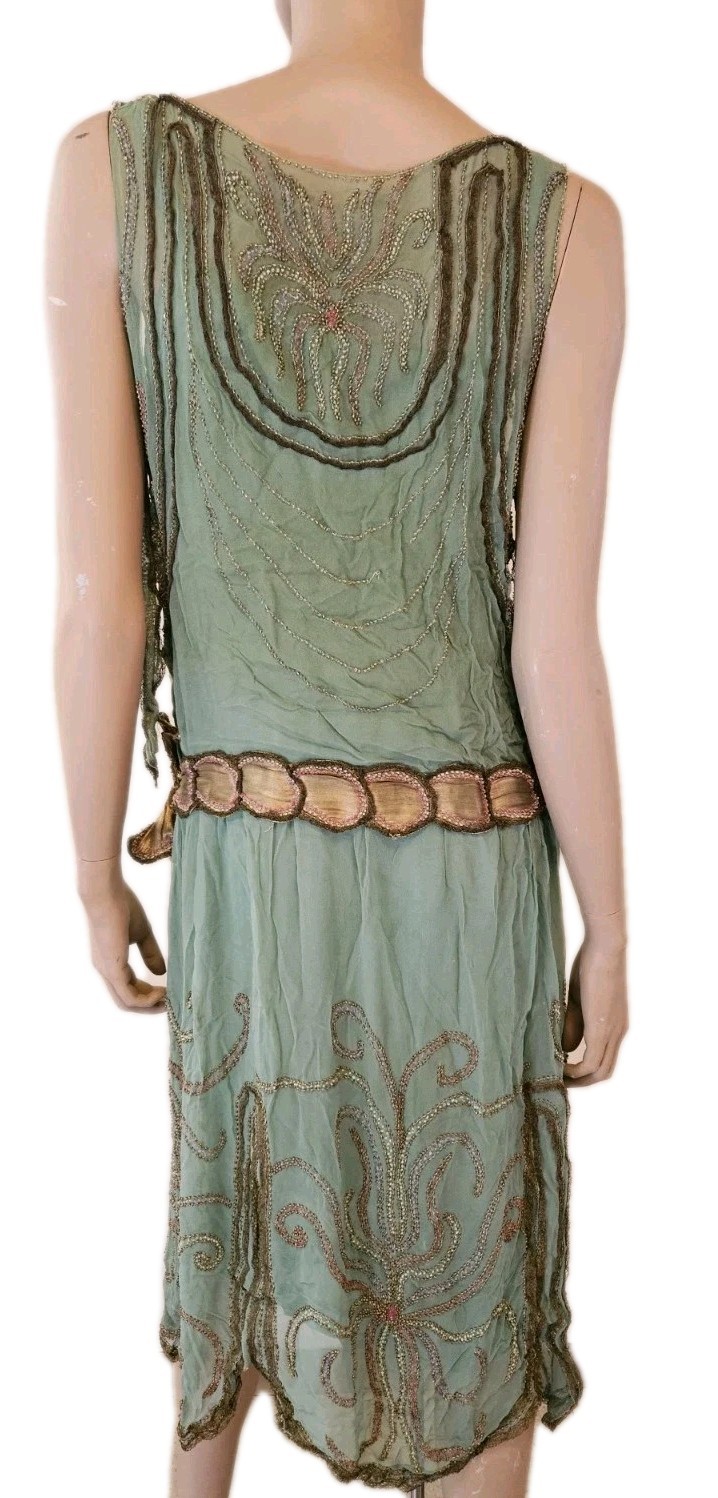 Antique 1920s French Beaded Flapper Dress Gold Lace Vintage Art Deco Bust 36